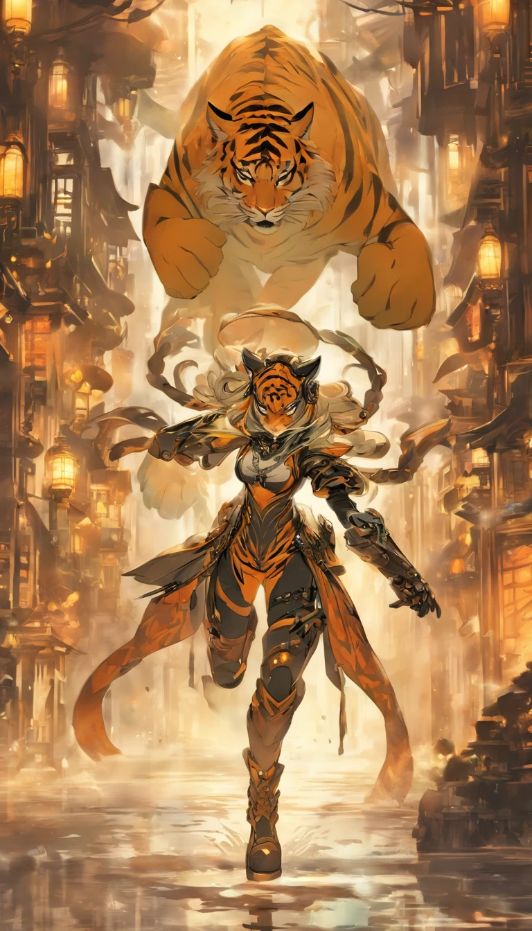 Chinese ink style，Steampunk world，Tiger-shaped steampunk warframe girl，Jet steam is suspended in the city air，Ink animation art，Ink comic art，water ink，ink，Smudge，8K，Delicately portrayed，Works of masters，Black and white tones
