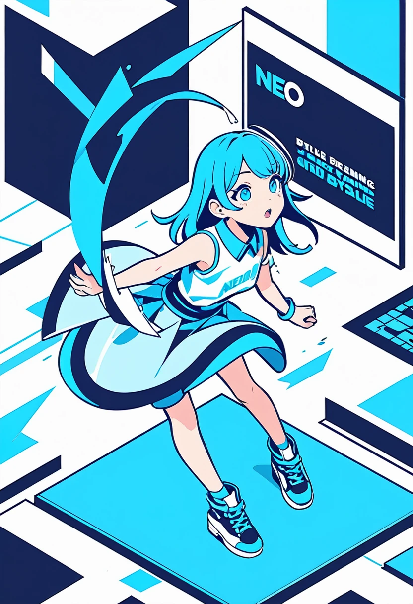 simple,blankspace,flat color,isometric minimalist design,(cute girl dancing breaking,Elbow Freeze), neo-pop style illustrations, minimalist canvases and animated visuals, using blue palette,