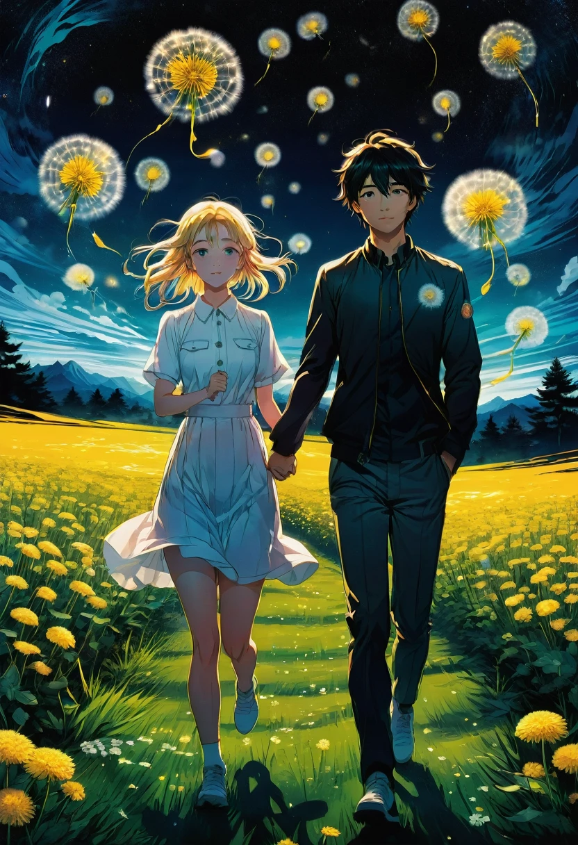 Couple Photo, aesthetic, There's a young woman and young man holding each other's hand in a field of dandelions at night while running, by artist "anime", Anime Key Visual, Japanese Manga, Pixiv, Zerochan, Anime art, Fantia