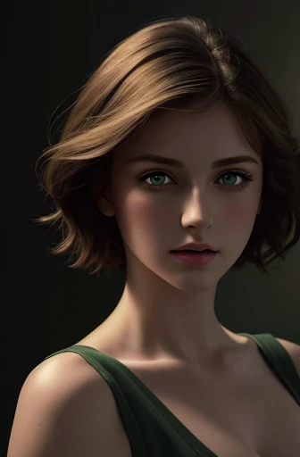 Best quality, masterpiece, ultra high res, (photorealistic:1.37), raw photo, 1girl, short hair, beautifull eyes, green eyes, beautifull face, detailed eyes and face, crop top dynamic lighting, in the dark, deep shadow, low key, cowboy shot