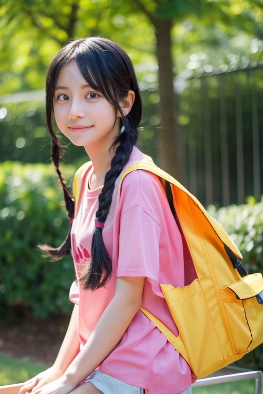 Painted in a photorealistic style、A kind and gentle girl who is Nobita&#39;classmate of.、AI-generated live-action image of Shizuka Nobi。
Long black hair braided back、Red running shirt and yellow shorts、Wearing white sneakers、10歳前後のPlease generate an AI live-action image of Shizuka-chan。
Carrying a pink backpack、Study at a desk、優しい微笑みを浮かべたPlease generate an AI live-action image of Shizuka-chan。
Doraemon&#39;s Stage、Nobita&#39;Home rooms and school are set as backgrounds.、Please generate an AI live-action image of Shizuka-chan。