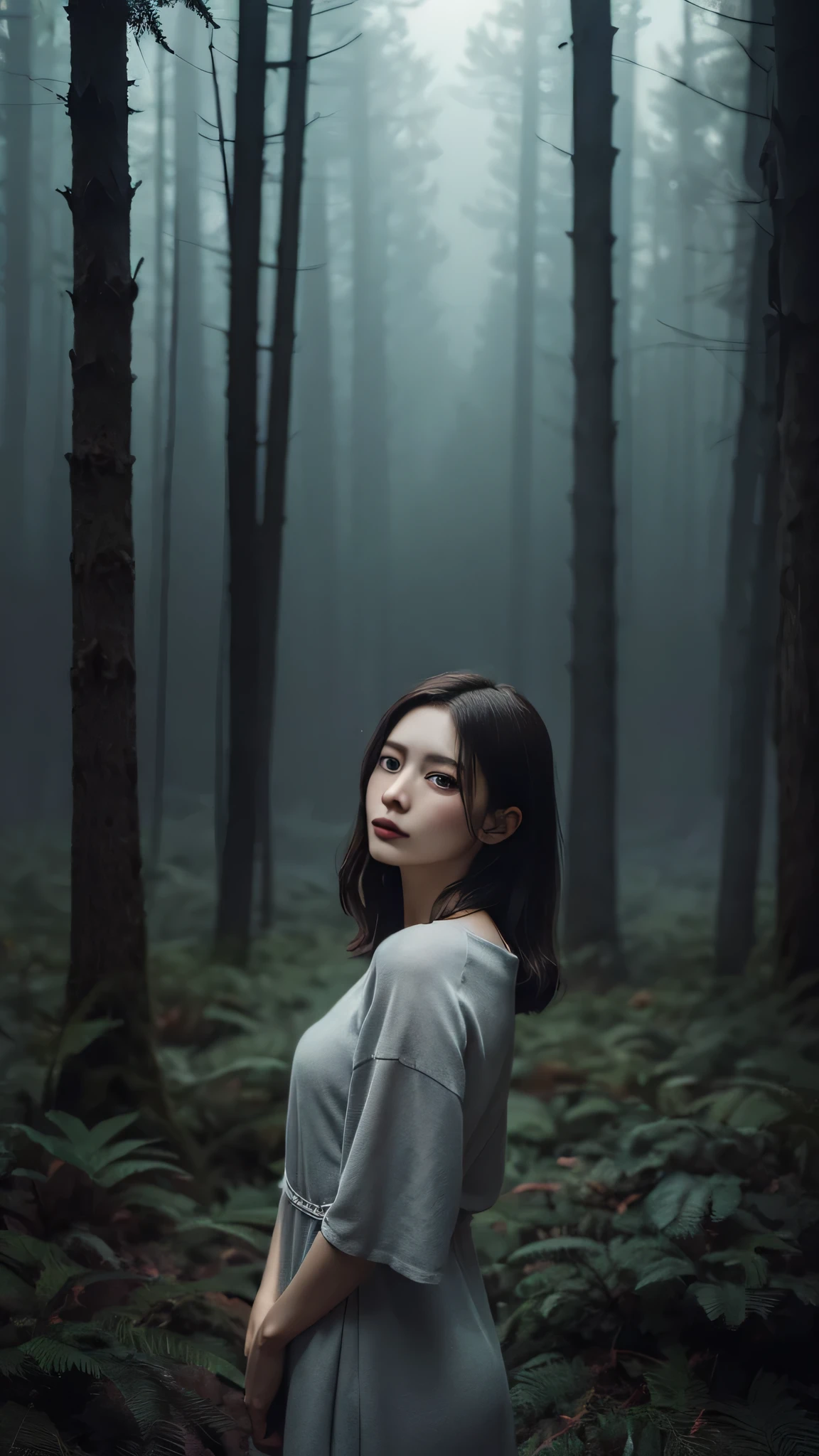 Beautiful girl in a grey dress standing in a dark forest, Magnificent style, Octane Rendering, Desert Composition, Beautiful Face, Surreal, Oil on canvas, Award-winning, masterpiece, Trending on Art Station, Studio Ghibli,Short Bob