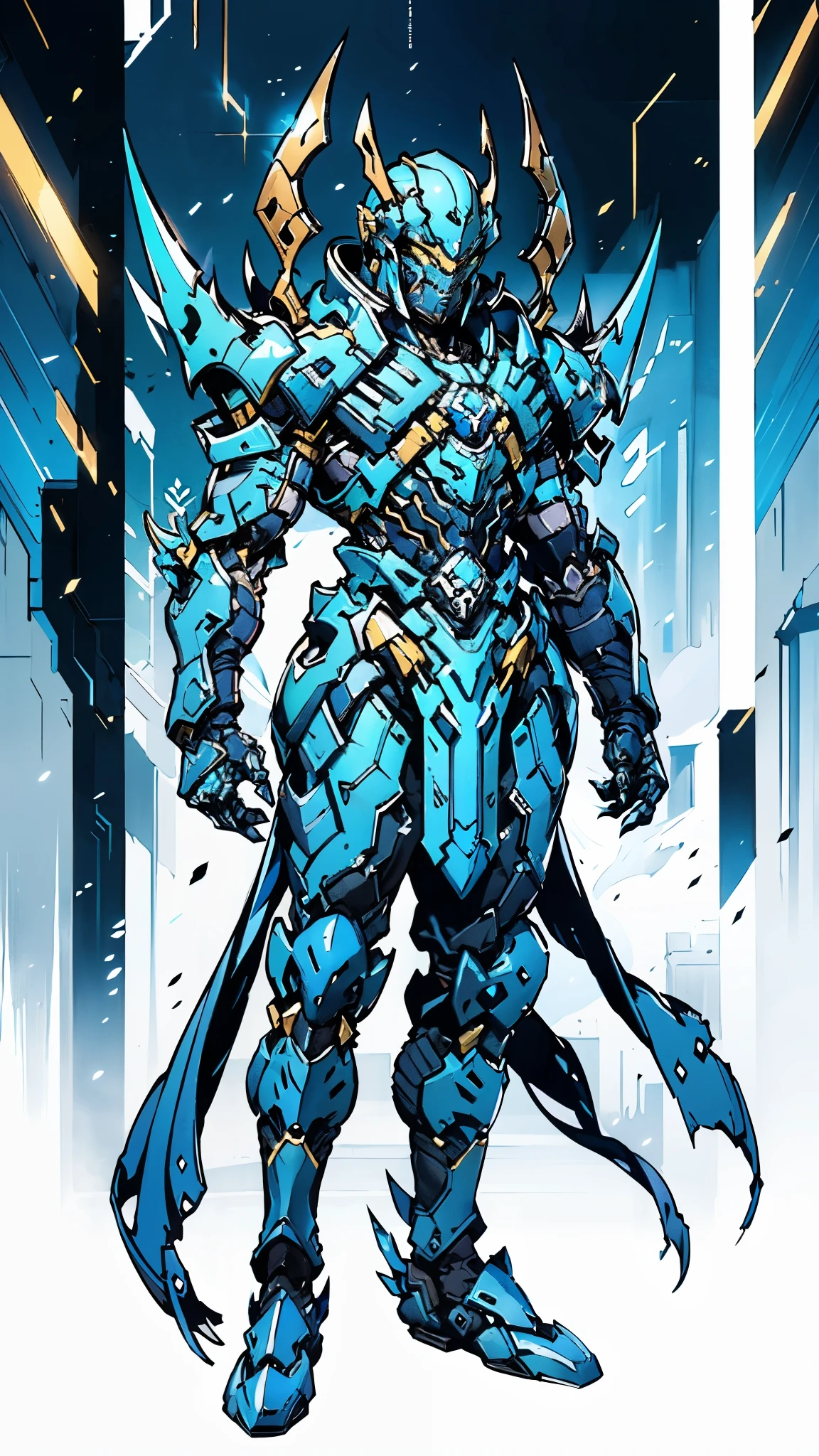 A man wearing a full-face helmet, a fantasy-style biotech armored combat suit, green eyes, (a composite layered chest armor), fully enclosed shoulder guards, matching arm and leg guards, the belt is adorned with cross, (the color scheme is primarily white with golden and blue accents), the design balances heavy with agility, a high-tech bio-mecha armor, (Armor Concept Inspired by Paladin, stand on the top of a skyscraper in a futuristic sci-fi city), this character embodies a finely crafted fantasy-surreal style armored hero in anime style, exquisite and mature manga art style, (battle damage, element, plasma, energy, the armor glows), ((male:1.5)), metallic, real texture material, dramatic, high definition, best quality, highres, ultra-detailed, ultra-fine painting, extremely delicate, professional, perfect body proportions, golden ratio, anatomically correct, symmetrical face, extremely detailed eyes and face, high quality eyes, creativity, RAW photo, UHD, 32k, Natural light, cinematic lighting, masterpiece-anatomy-perfect, masterpiece:1.5