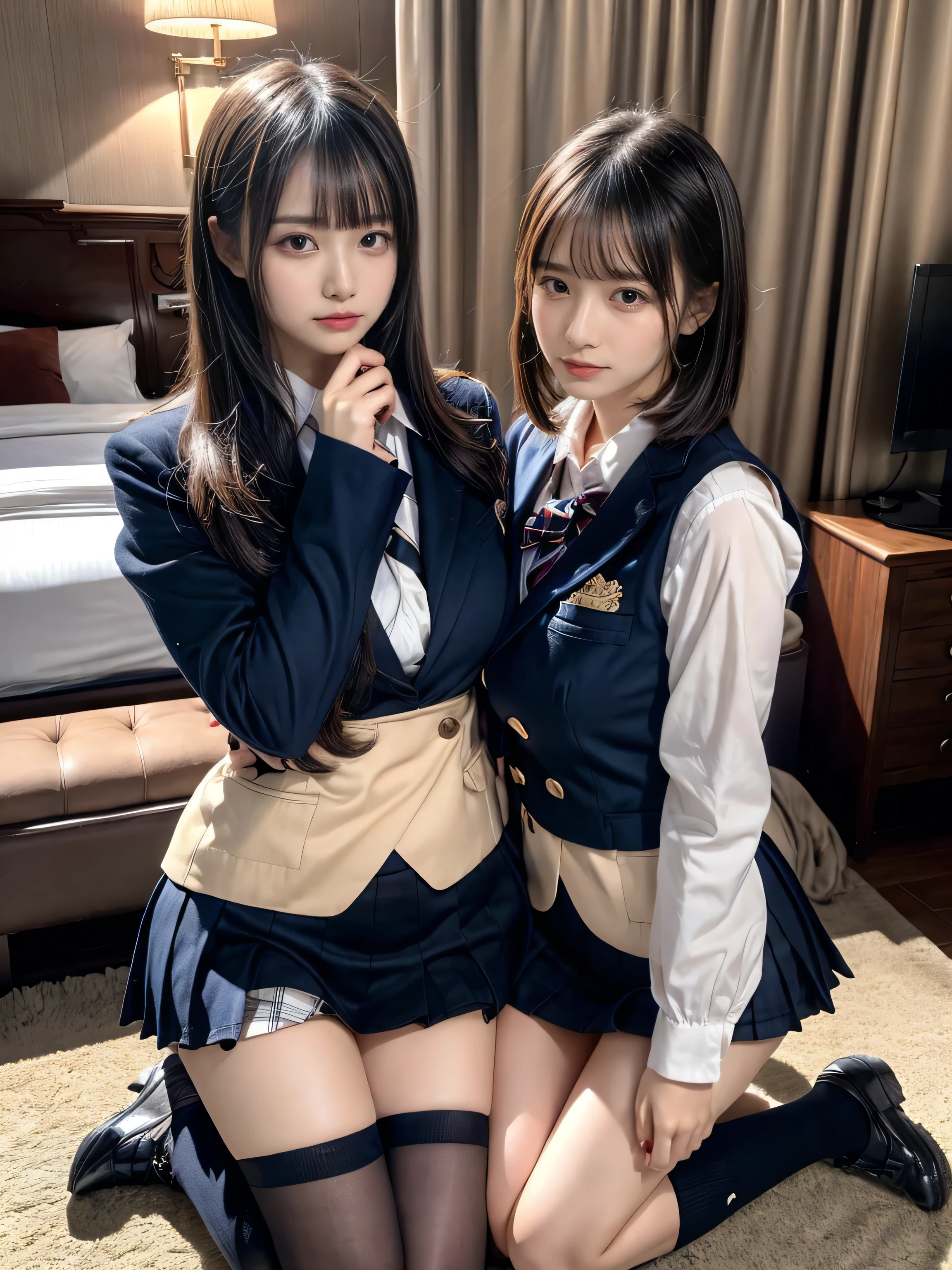 (8K, Raw photography, top-quality, masterpiece:1.2), muster piece, best quality, illustration, Super detailed, fine details, High resolution, 8K,wall paper, perfect dynamic composition,(Details High quality, realistic depiction of eyes:1.3), ((2 girls, 2 schoolgirls)), The background is a luxury hotel room、High school girl uniform、blazer 、Super Short Check Uniform Skirt、Navy blue high socks、garterbelts、Colossal tits、Disturbed uniform, Play with each other,Touching each other's bodies,Touching the body of the girl next door, short bob hair, black hair color, huge breasts, Big Natural Color Lip, bold sexy pose, (perfect body shape), crying a little、cold gaze, Beautiful makeup,glitter makeup,Cutest 18 years old、 beautiful legs, hposing Gravure Idol, Voluptuous thighs