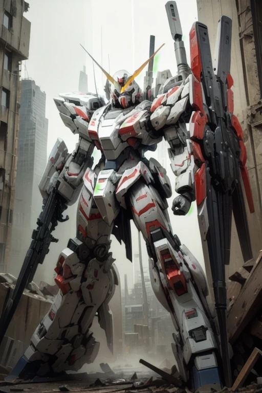 fully armed,ruins,architecture,green Eye,Luminescence_Eye,_novel,City,Practical,Mecha,night,destruction mode,Front view,, masterpiece,best quality,High resolution,Ultra-high resolution,(Abstract Art:1.2),2d,(Very detailed),(rich and colorful),(Strong expression),(fashionable),