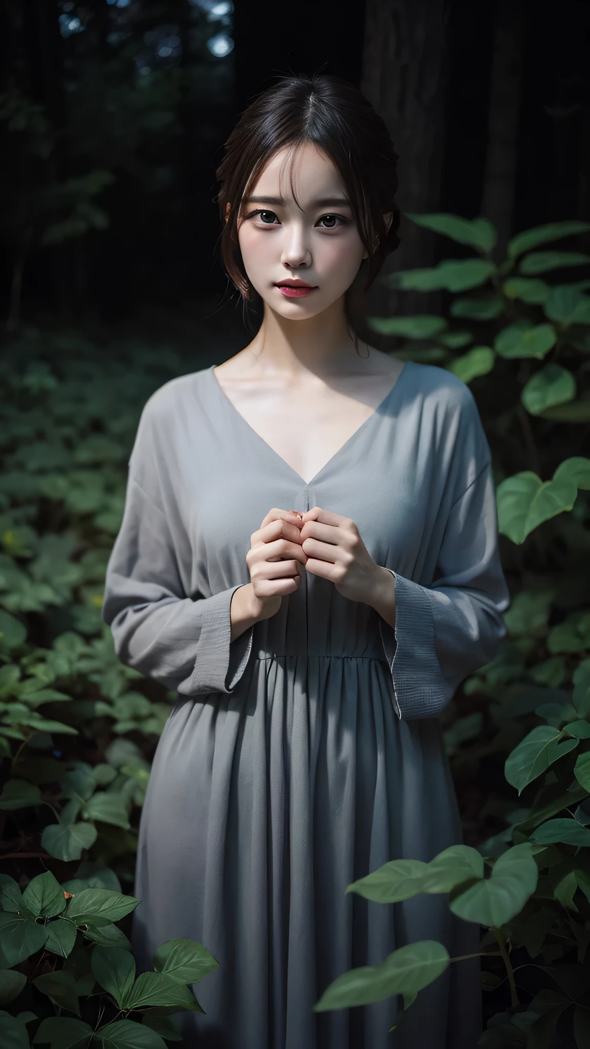 Beautiful girl in a grey dress standing in a dark forest, Magnificent style, Octane Rendering, Desert Composition, Beautiful Face, Surreal, Oil on canvas, Award-winning, masterpiece, Trending on Art Station, Studio Ghibli,Short Bob