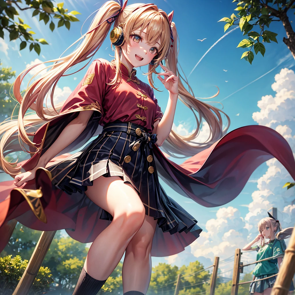 Pink Blue Gold Golden Hair、Golden Eyes、Two good looking girls、Twin tails、solo、anime、Checkered mini skirt、The skirt has buttons、Red T-shirt、China、Cape、Black knee-high socks、Wearing headphones、Wearing a ribbon、Ribbon on waist、Tilting face、Teeth are visible、Sunset sky、Water Mountain、Piercing the clouds、Contrail、Tinted Glasses、tree、Touching your face、lotus leaves、canal、Cumulonimbus、bamboo forest、Facing each other