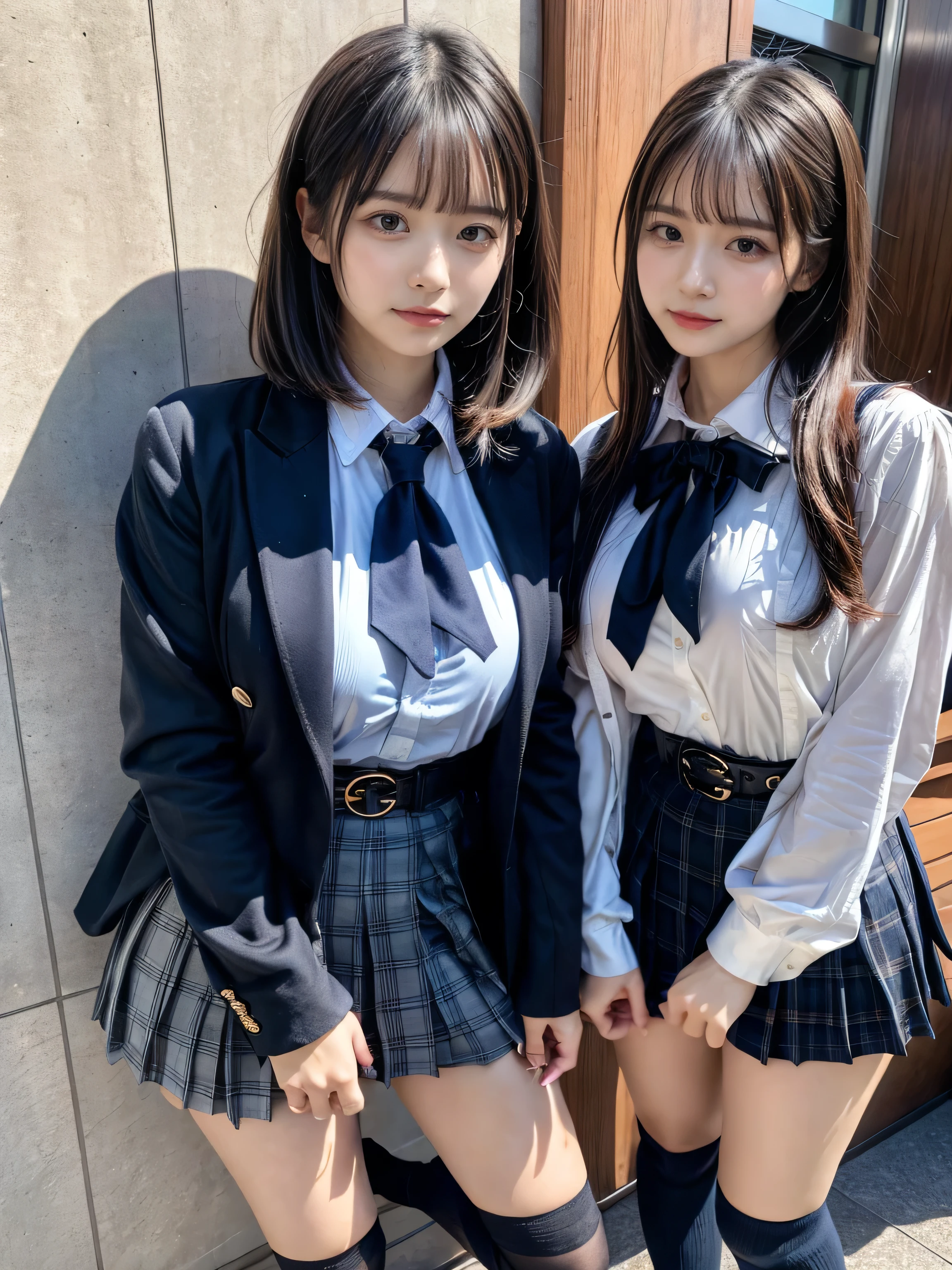 (8K, Raw photography, top-quality, masterpiece:1.2), muster piece, best quality, illustration, Super detailed, fine details, High resolution, 8K,wall paper, perfect dynamic composition,(Details High quality, realistic depiction of eyes:1.3), ((2 girls, 2 schoolgirls)), The background is a luxury hotel room、High school girl uniform、blazer 、Super Short Check Uniform Skirt、Navy blue high socks、garterbelts、Colossal tits、Disturbed uniform, Play with each other,Touching each other's bodies,Touching the body of the girl next door, short bob hair, black hair color, huge breasts, Big Natural Color Lip, bold sexy pose, (perfect body shape), crying a little、cold gaze, Beautiful makeup,glitter makeup,Cutest 18 years old、 beautiful legs, hposing Gravure Idol, Voluptuous thighs