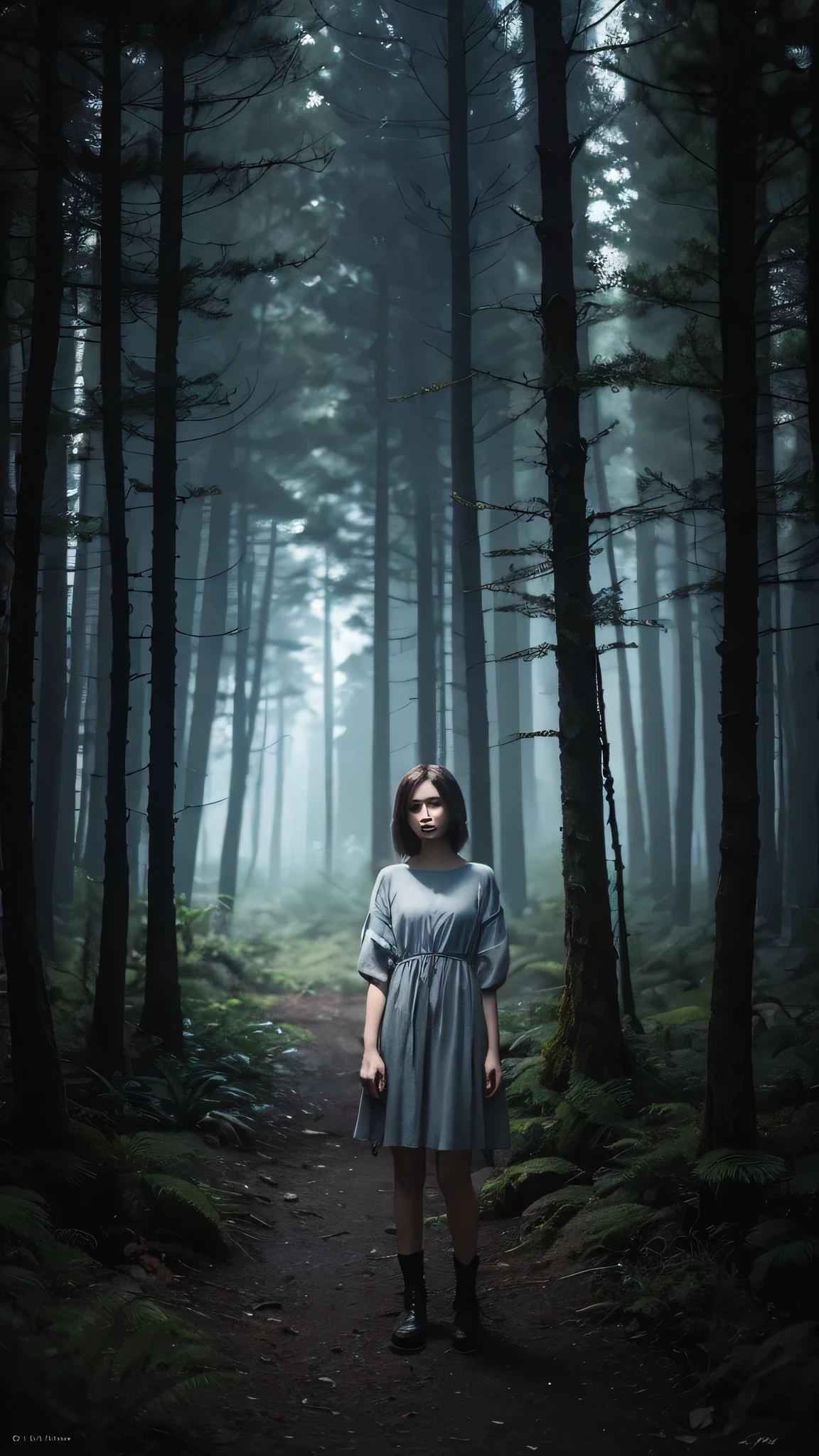 Beautiful girl in a grey dress standing in a dark forest, Magnificent style, Octane Rendering, Desert Composition, Beautiful Face, Surreal, Oil on canvas, Award-winning, masterpiece, Trending on Art Station, Studio Ghibli,Short Bob