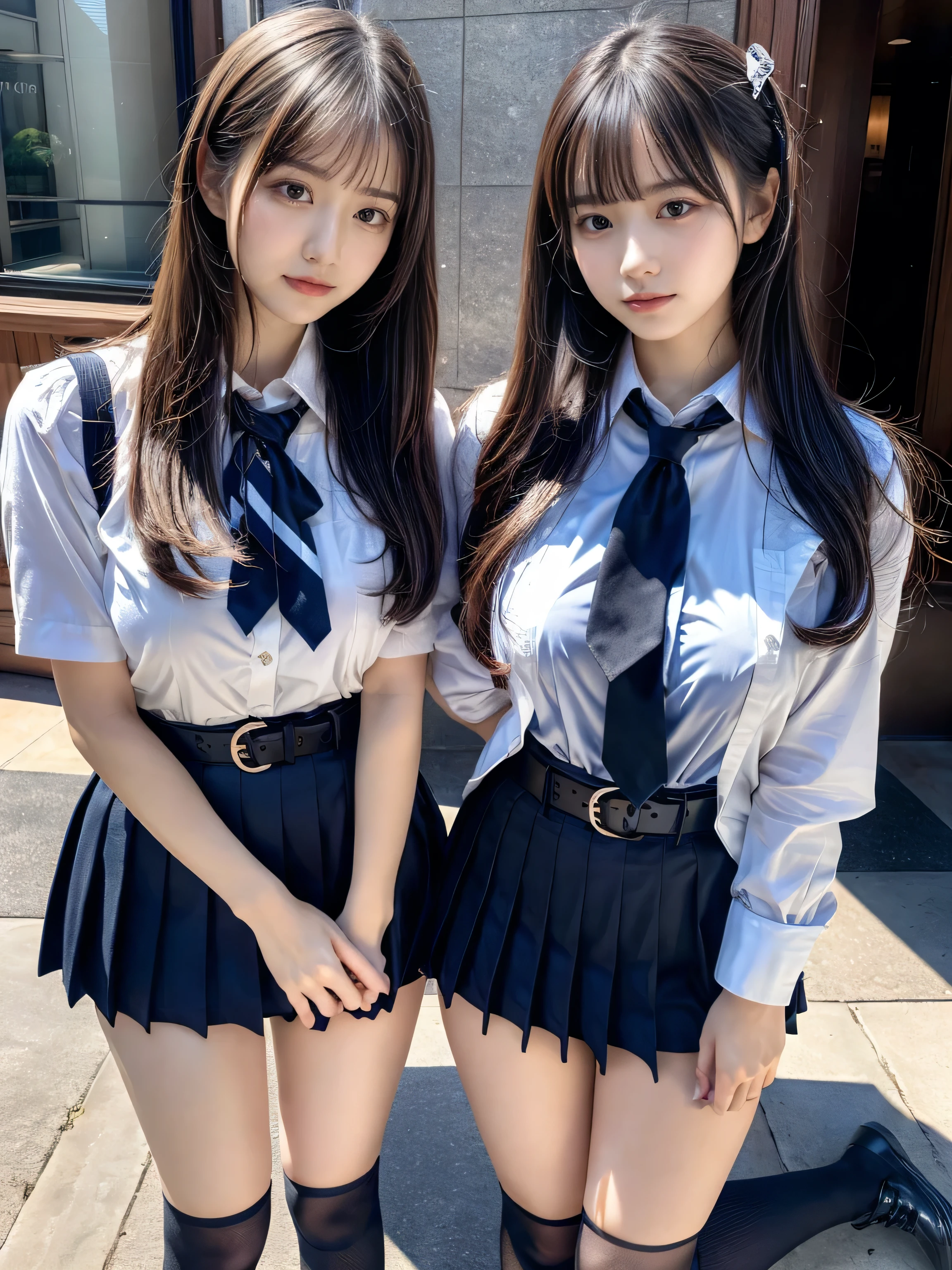 (8K, Raw photography, top-quality, masterpiece:1.2), muster piece, best quality, illustration, Super detailed, fine details, High resolution, 8K,wall paper, perfect dynamic composition,(Details High quality, realistic depiction of eyes:1.3), ((2 girls, 2 schoolgirls)), The background is a luxury hotel room、High school girl uniform、blazer 、Super Short Check Uniform Skirt、Navy blue high socks、garterbelts、Colossal tits、Disturbed uniform, Play with each other,Touching each other's bodies,Touching the body of the girl next door, short bob hair, black hair color, huge breasts, Big Natural Color Lip, bold sexy pose, (perfect body shape), crying a little、cold gaze, Beautiful makeup,glitter makeup,Cutest 18 years old、 beautiful legs, hposing Gravure Idol, Voluptuous thighs