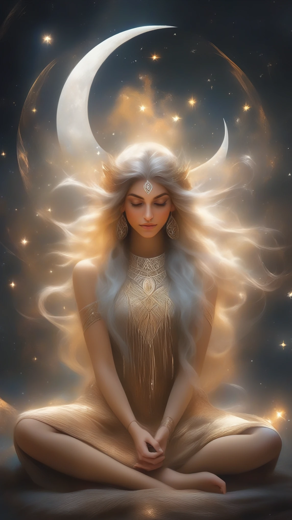 a woman sitting in a circle with a crescent and a crescent, a beautiful sorceress, beautiful sorceress, beautiful celestial mage, elfic priestess, moon goddess, fantasy art style, elven spirit meditating in space, maya ali sorceress, lunar goddess, ✨🕌🌙, elven angel meditating in space