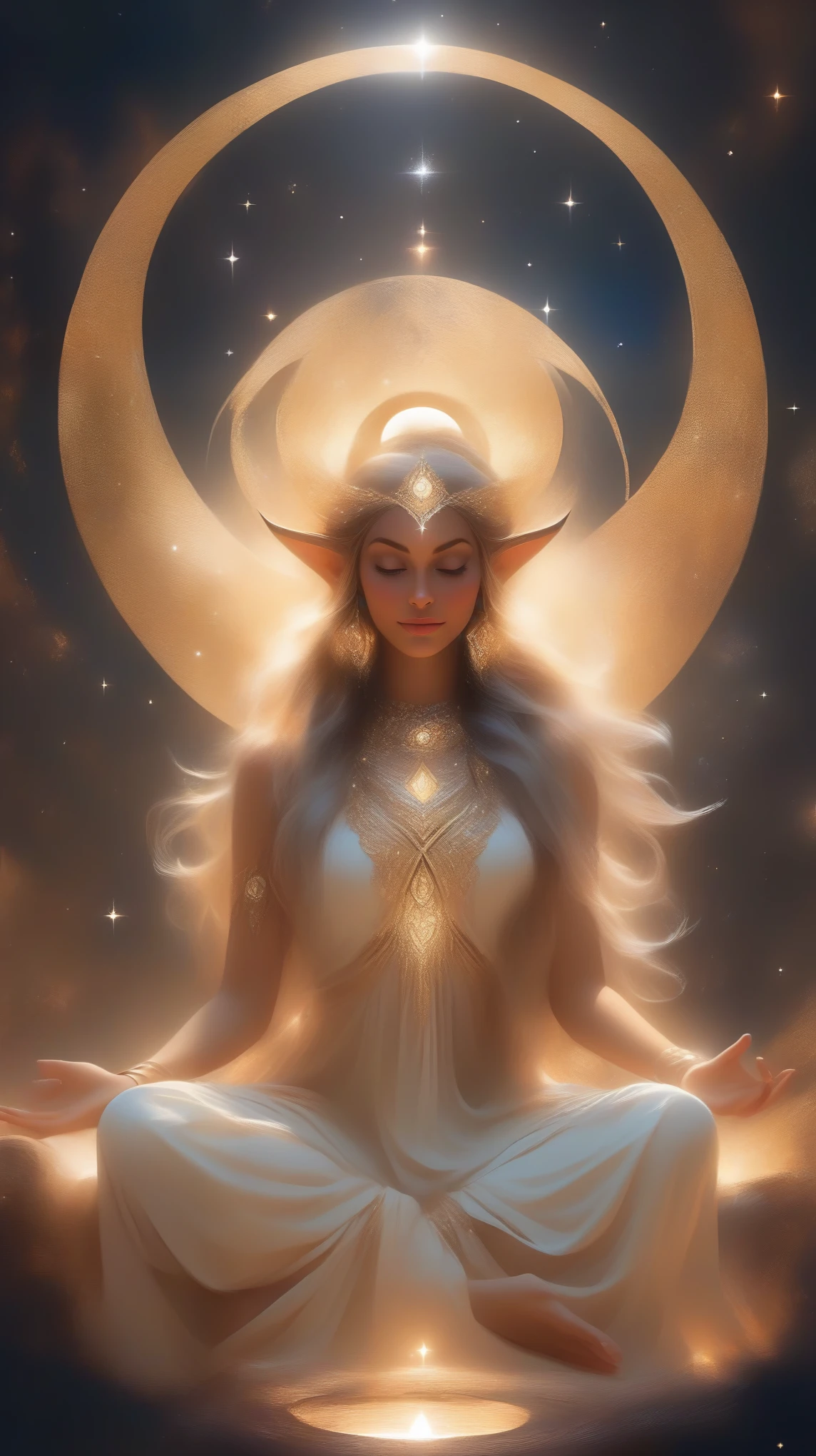 a woman sitting in a circle with a crescent and a crescent, a beautiful sorceress, beautiful sorceress, beautiful celestial mage, elfic priestess, moon goddess, fantasy art style, elven spirit meditating in space, maya ali sorceress, lunar goddess, ✨🕌🌙, elven angel meditating in space