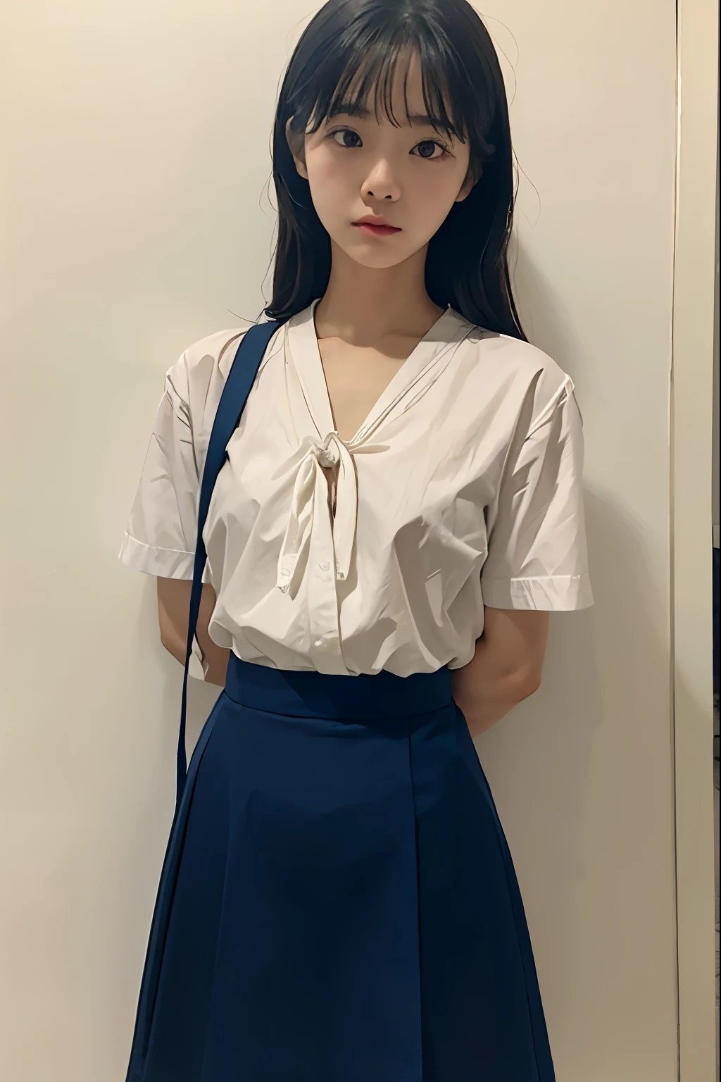 A cute girl who was  and tied up、Beauty、Make your eyes even、My hands are tied with ropes、Inside the hotel room、White short-sleeved shirt、Navy semi-long skirt、Standing in front of a wall、Age 25、Medium build、Like real life、highest quality、