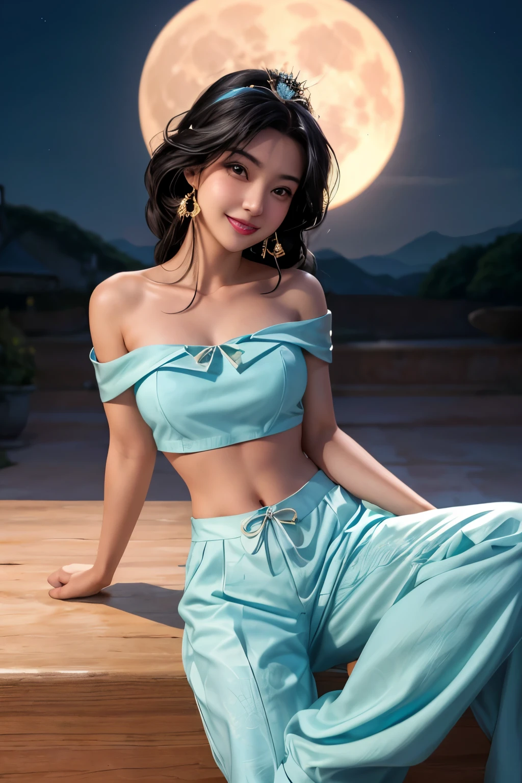 Jasmine 1 person, alone, View Viewer, smile, shirt, Exposing shoulders, jewelry, Sitting, whole body, flower, Earrings, pants, Off the shoulder, Crop top, compensate, bird, Border, moon, full moon, off-shoulder shirt (Realistic:1.2), (realism), (masterpiece:1.2), (highest quality), (Super detailed), (8k, 4K, Complex),(whole bodyショット:1), (85mm),Particles of light, Lighting, (Very detailed:1.2),(Detailed face:1.2), (Gradation), SFW, colorful,(Fine grain:1.2)(Detailed Background),Detailed landscape, (Dynamic Angle:1.2), (Dynamic pose:1.2), (The rule of thirds_composition:1.3), (Course of action:1.2)