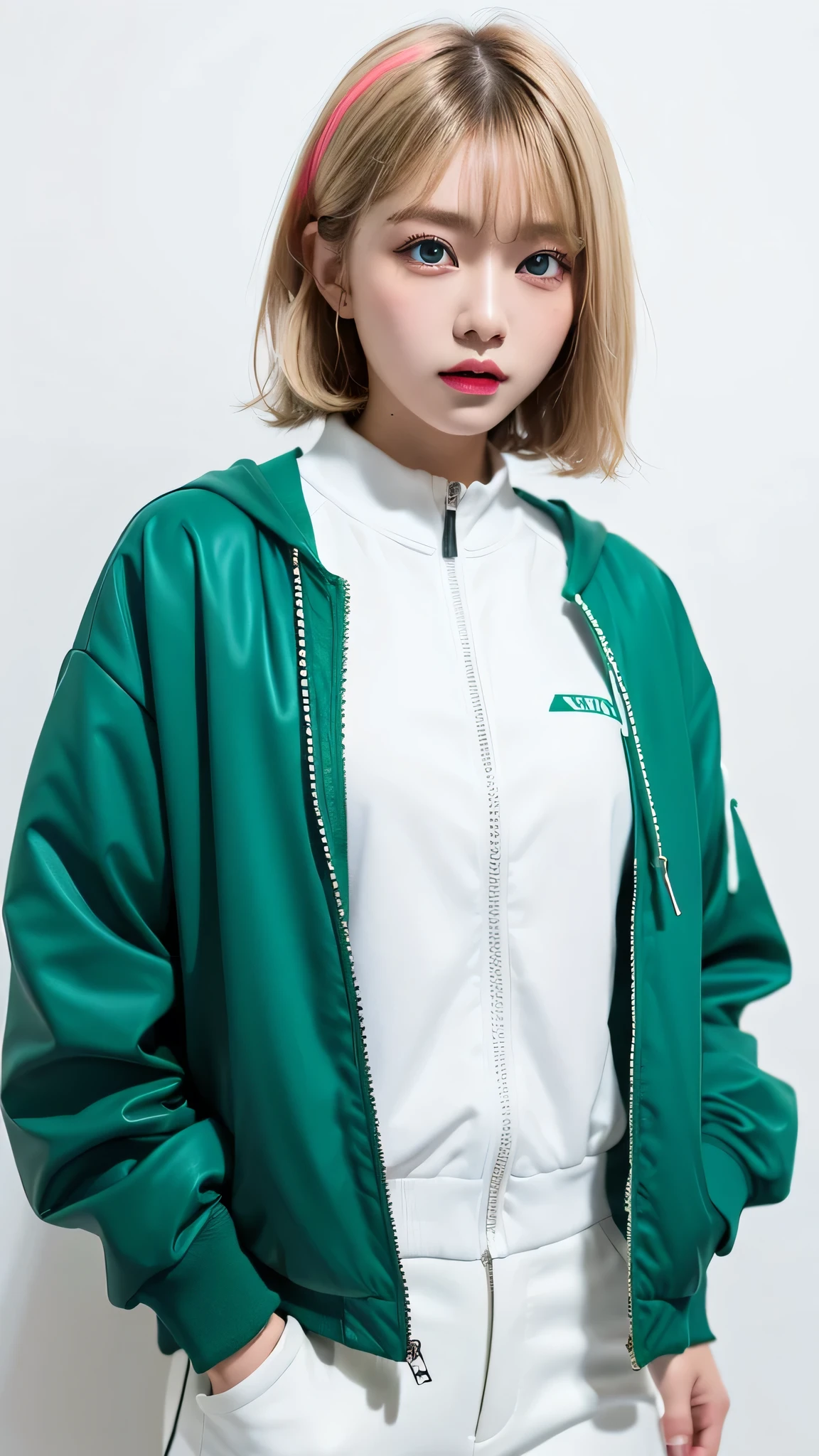 One girl, alone, White Background, Wattson, masterpiece, Very detailed, blue eyes, Blonde Hair, short hair, Fluorescent green jacket, Rubber Gloss, White rubber skin suit, Yellow skateboard shoes, White pants, blush, Plain background