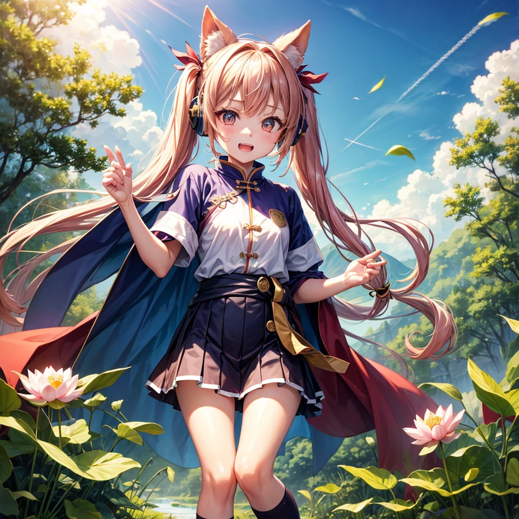 Pink Blue Gold Golden Hair、Golden Eyes、Two good looking girls、Twin tails、solo、anime、Checkered mini skirt、The skirt has buttons、Red T-shirt、China、Cape、Black knee-high socks、Wearing headphones、Wearing a ribbon、Ribbon on waist、Tilting face、Teeth are visible、Sunset sky、Water Mountain、Piercing the clouds、Contrail、Tinted Glasses、tree、Touching your face、lotus leaves、canal、Cumulonimbus、bamboo forest、Facing each other