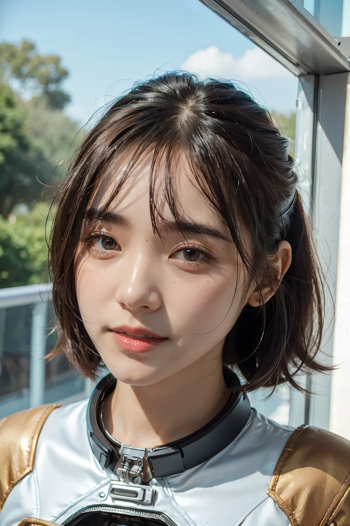 ((Best Quality)), (Masterpiece)), (Details: 1.4), 3D, Absurd Resolution, High Resolution, (Masterpiece: 1.4), Ultra Detailed, Beautiful Girl 1 Person, Futuristic Woman Image, Sparkling Brown Hair, Beautiful Brown Eyes, Beautiful Face, 20 Years Old, Spaceship, Floating, Small, Spacesuit, Spaceship, Window, Future, Dynamic Pose, Change of Clothes