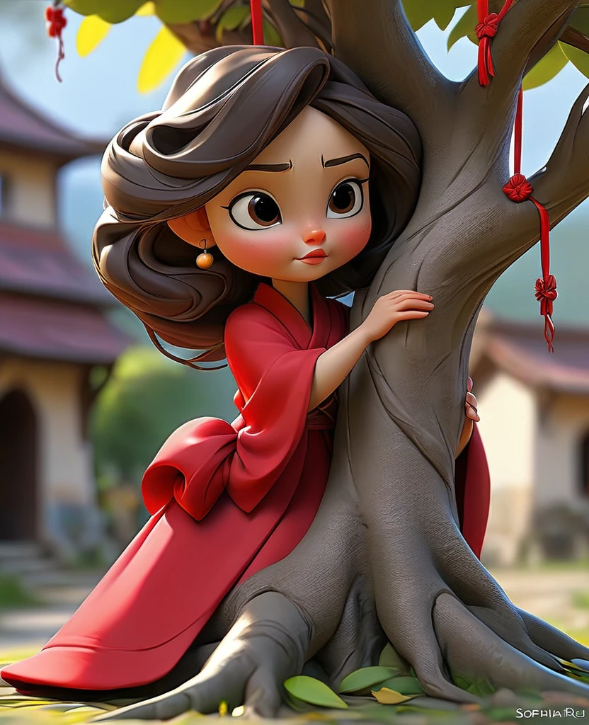 With a piece of red cloth Sophia tied a knot on the wishing tree in a village