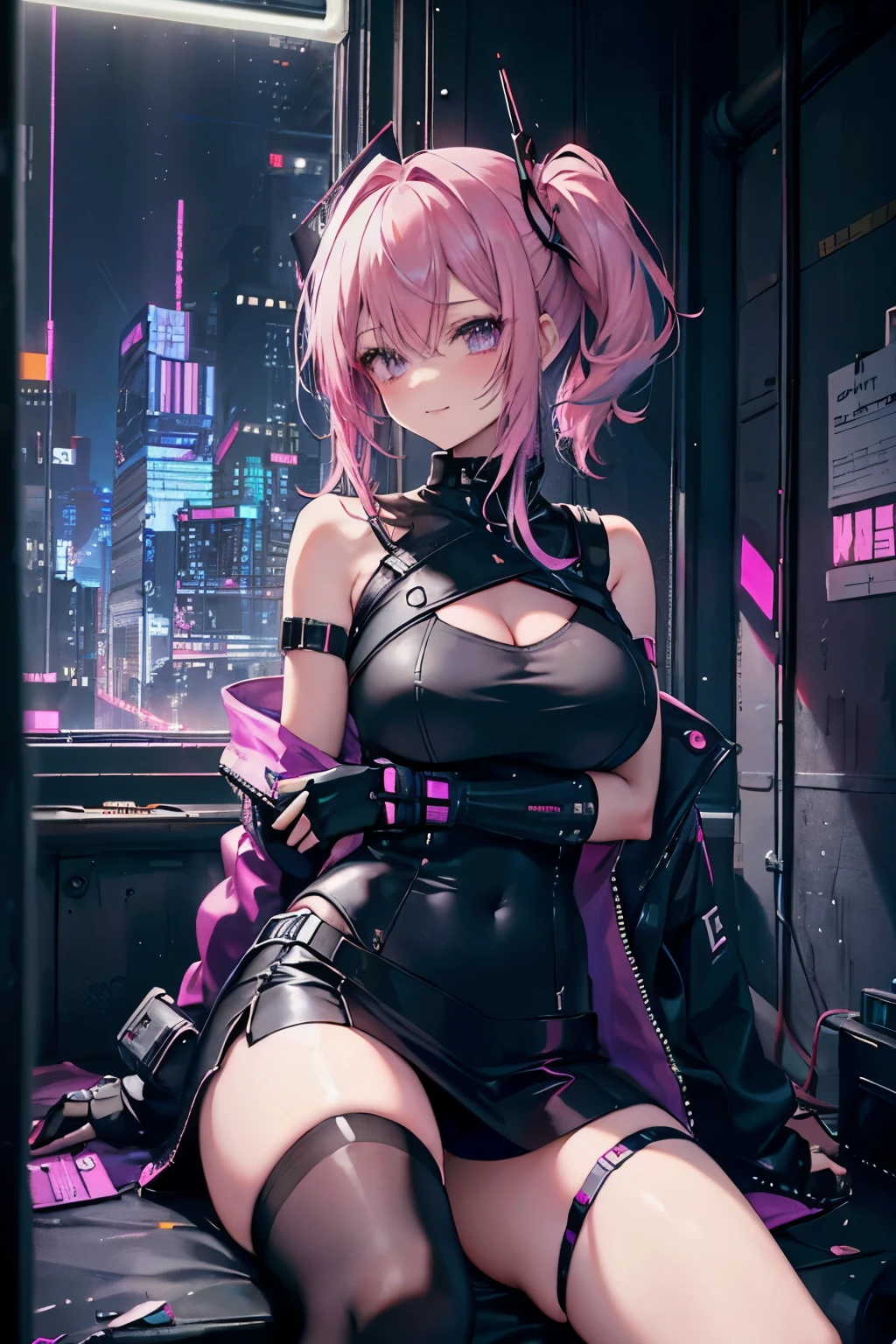 High-resolution, immaculate detail, masterpiece portraying a solo female character with long, slicked-back pink hair adopting a serene smile. Embracing a muted cyberpunk palette, electric blue and magenta accents burst vibrantly against the backdrop of her digital punk, anime-style uniform. The character, radiating a cyberpunk charm, is seated indoors within a bedroom, with a night cityscape glimmering outside the window. The outfit consists of a white short-sleeved top, a black skirt that hugs her curves, black underwear, and black gloves - all stylishly in line with the cyberpunk theme. Black