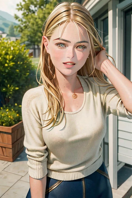 Portrait of a 25 year old girl full lips, symmetrical face, blend of (Alexis Dziena:1.1), (Maria Sharapova:1.6), (Jennifer Connelly:0.8), natural beauty, beautiful girl, casual, playful, smirking, standing, boarwalk, posing, casual outfit,{close up:0.3}