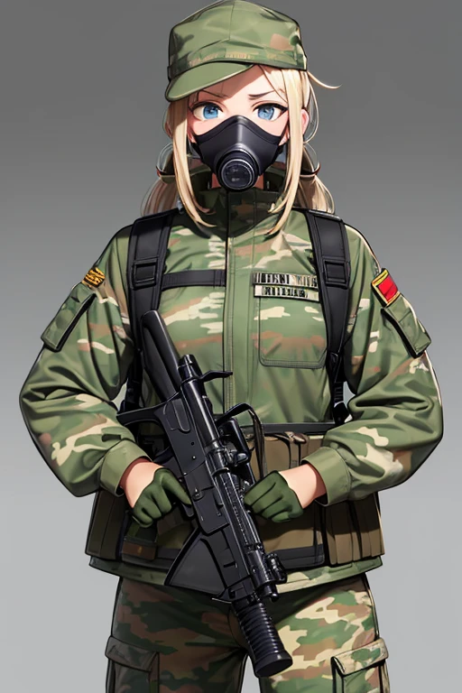 Female soldier in a camouflage suit with a rifle in her hand wearing a gas mask