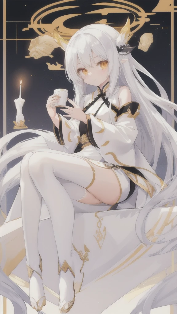 Long silver hair，white dragon horn，Golden Eyes，silver hanfu，white stockings