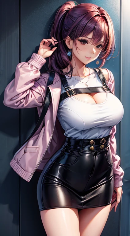 One woman，30 years old，mature，Raised to be sexy, masterpiece, highest quality, Bold line, Nipple erection, Purple Hair, Double Ponytail Hairstyle，Northern Hemisphere Breast Exposure， lips, Place your hands behind your back，Ultra Max_Medium chest!! Good chest shape_melon, Cleavage view, Tight Suit, Super Skirt, Anime Aesthetics，White T-shirt，Purple leather jacket