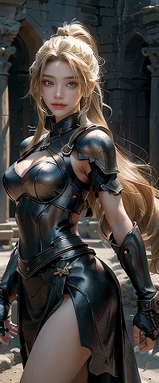 ((Real 8K、masterpiece、highest quality、超High resolution、Realistic skin texture))、Leather Armor、Exposed breasts、Realistic、High resolution、RAW Photos、Shiny skin、Realistic skin texture、Best lighting、Shine、Dramatic lighting、Dynamic pose、Greek temple background、Ancient female warrior、Has a big sword、Ancient Arena、One girl、Realistic Face、Balanced Eyes、Black iron armor、roman skirt plate、breastplate、Disconnect、Blonde Long Hair、ponytail、blue eyes、Looking at the audience、 Beautiful breasts、Big Ass、smile、rock、Iron Collar、Sexuality、Female General、ride a horse、Frontal battle composition、Wielding a big sword、Dynamic movement