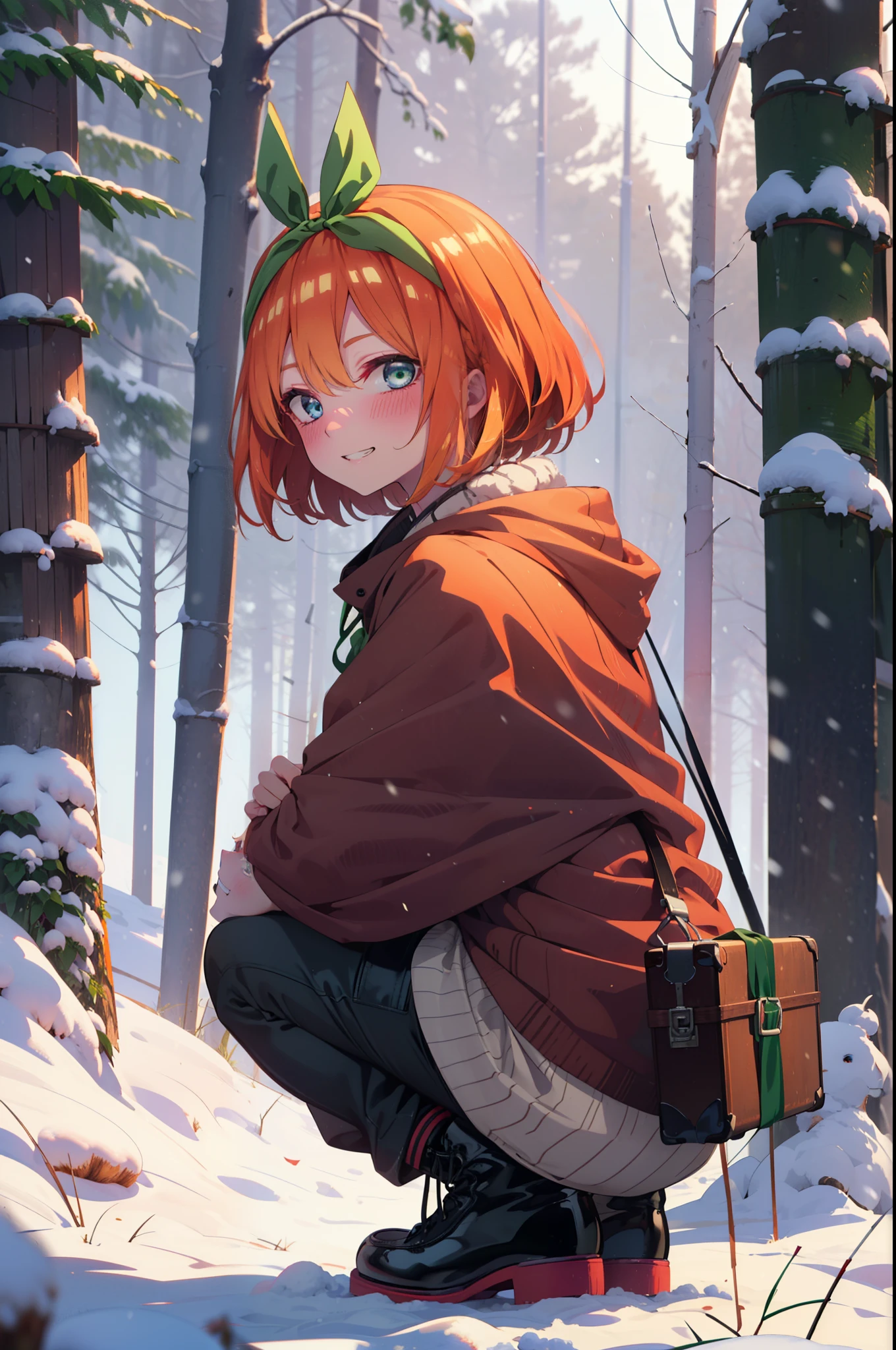 yotsubanakano, yotsuba nakano, bangs, short hair, blue eyes, Hair between the eyes, Hair Ribbon, hair band, Orange Hair, (Green ribbon:1.5), smile, Grin,smile,blush,White Breath,
Open your mouth,snow,Ground bonfire, Outdoor, boots, snowing, From the side, wood, suitcase, Cape, Blurred, Increase your meals, forest, White handbag, nature, Squat, Mouth closed, フードed Cape, winter, Written boundary depth, Black shoes, red Cape break looking at viewer, Upper Body, whole body, break Outdoor, forest, nature, break (masterpiece:1.2), highest quality, High resolution, unity 8k wallpaper, (shape:0.8), (Beautiful and beautiful eyes:1.6), Highly detailed face, Perfect lighting, Highly detailed CG, (Perfect hands, Perfect Anatomy),