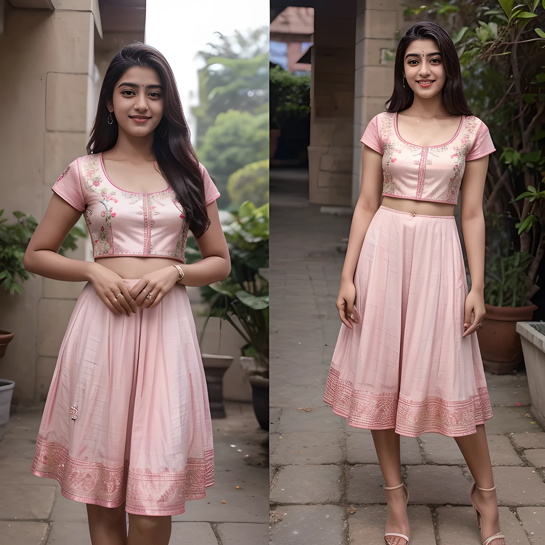 21 yo Indian women Ananya Pandey wearing embroidery pink anarkali dress , body fit clothes, full body view pretty smile perfect anatomy ,detailed face, realistic realism 8k