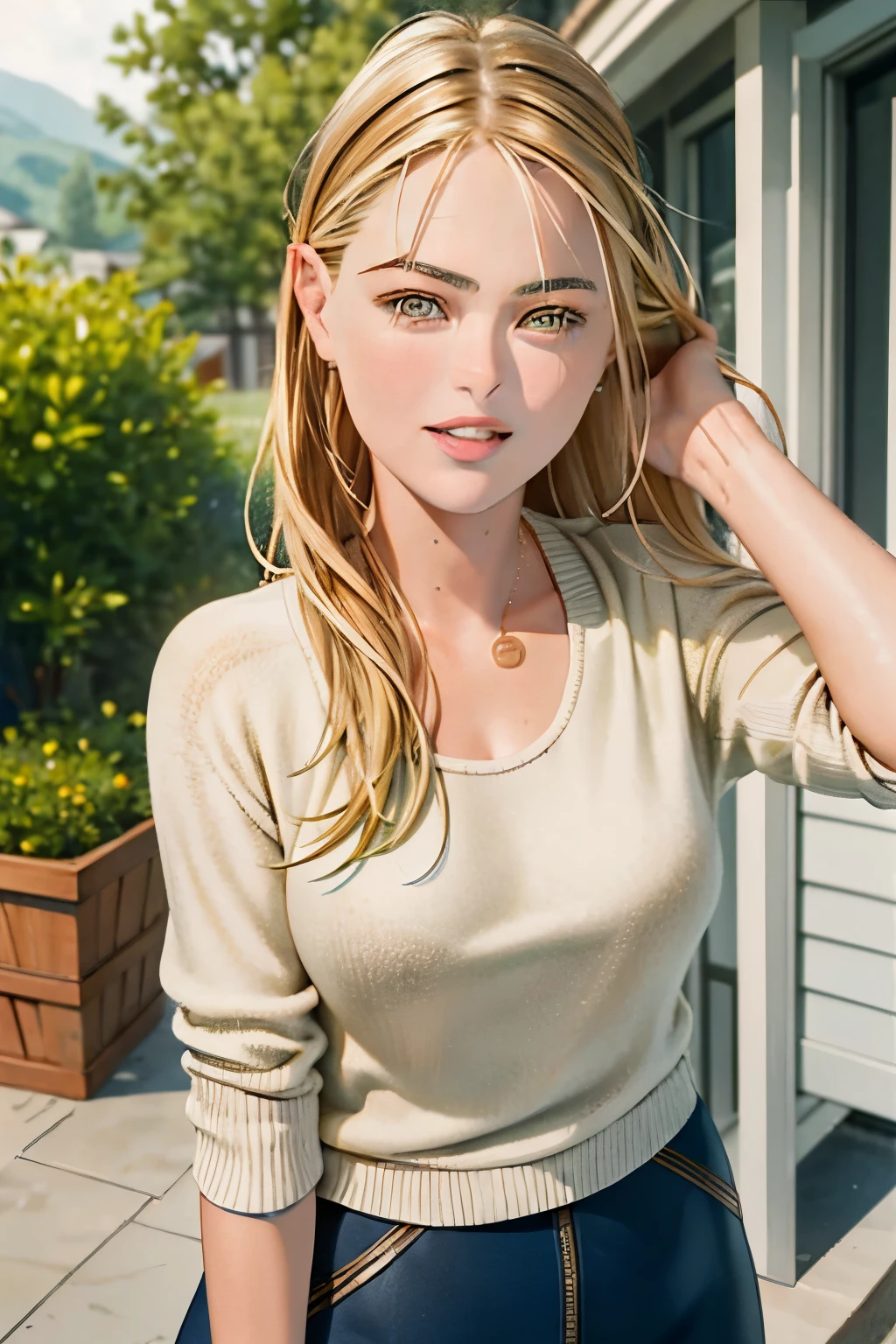 Portrait of a 25 year old girl full lips, symmetrical face, blend of (Alexis Dziena:1.1), (Maria Sharapova:1.6), (Jennifer Connelly:0.8), natural beauty, beautiful girl, casual, playful, smirking, standing, boarwalk, posing, casual outfit,{close up:0.3}