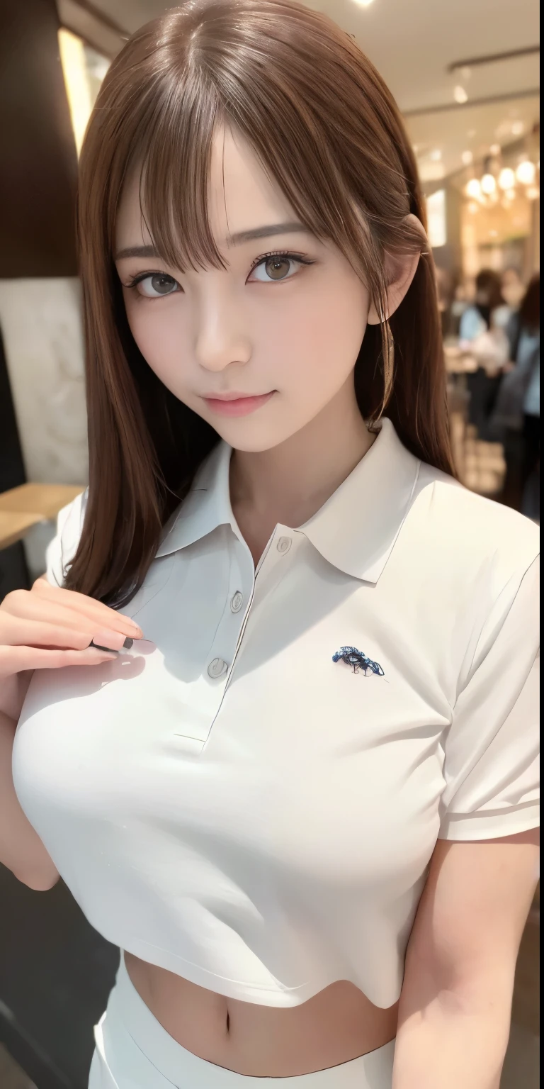 best masterpiece、highest quality、shape、Super detailed、High resolution、8K wallpaper、Perfect dynamic shape、beautiful and detailed eyes、natural color lip, Random sexy pose,very kind smile、17 year old girl、cute、expensive、(highest quality:1.3)、(masterpiece:1.3)、(The Super detailed:1.3)、(wallpaper, one girl:1.1)、(delicate hands and fingers:1.2)、(Detailed super oily shiny skin:1.1)、Beautiful and glossy thighs、(White polo shirt、hot pants:1.7)、(big breasts that hang down and firm:1.4)、slender body shape、brown hair head、(stable expression:1.5)、((Semi-long random hairstyle:1.3))、beautiful sister、(Model standing pose from the front:1.4)、sexy pose、(((Paris city cafeteria background:1.6)))、((Beautiful big breasts with firmness:1.5))、(beautiful double eyelids:1.3)、look at the camera、Pelvic expanse、perfect lighting、
