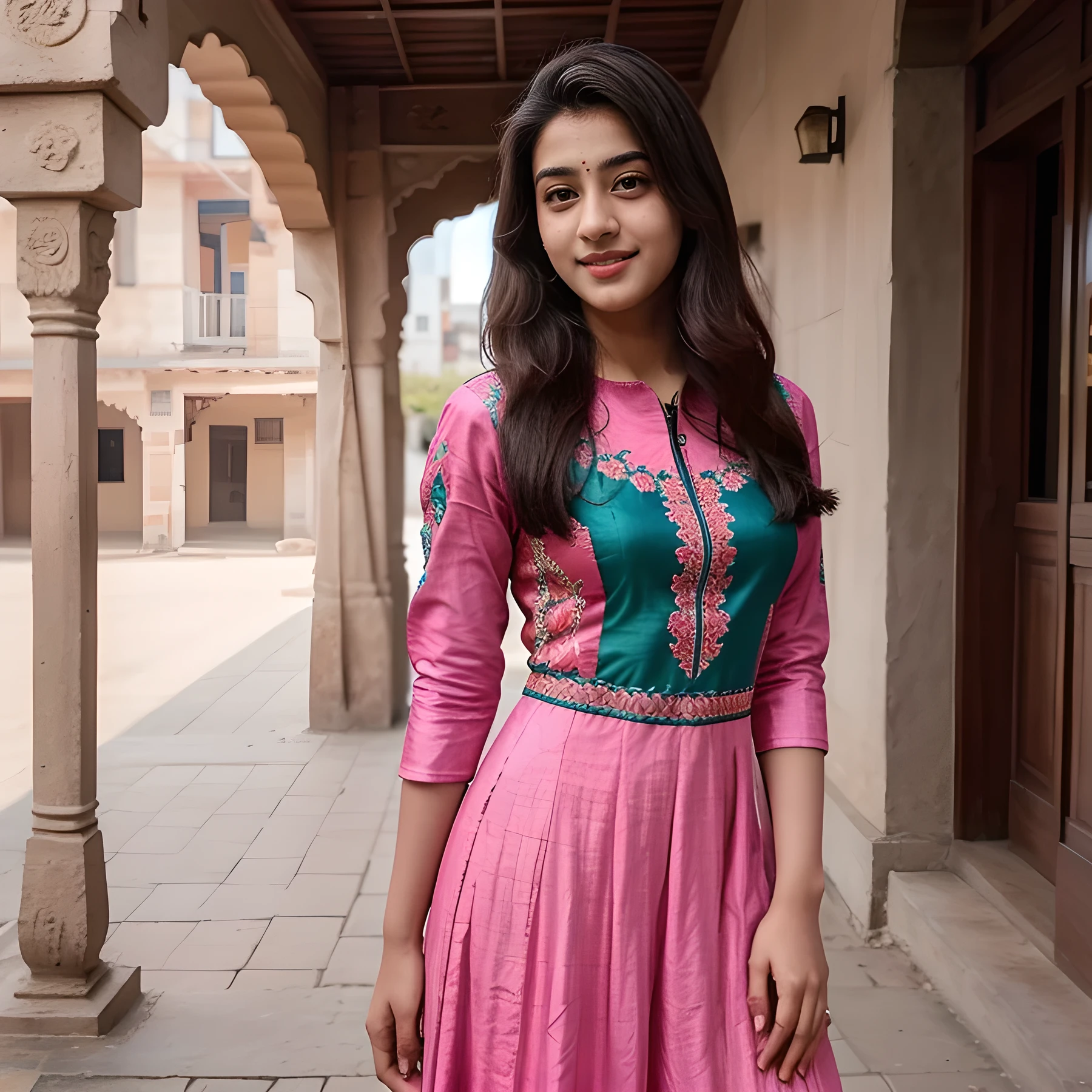 21 yo Indian women Ananya Pandey wearing embroidery pink anarkali dress , body fit clothes, full body view pretty smile perfect anatomy ,detailed face, realistic realism 8k