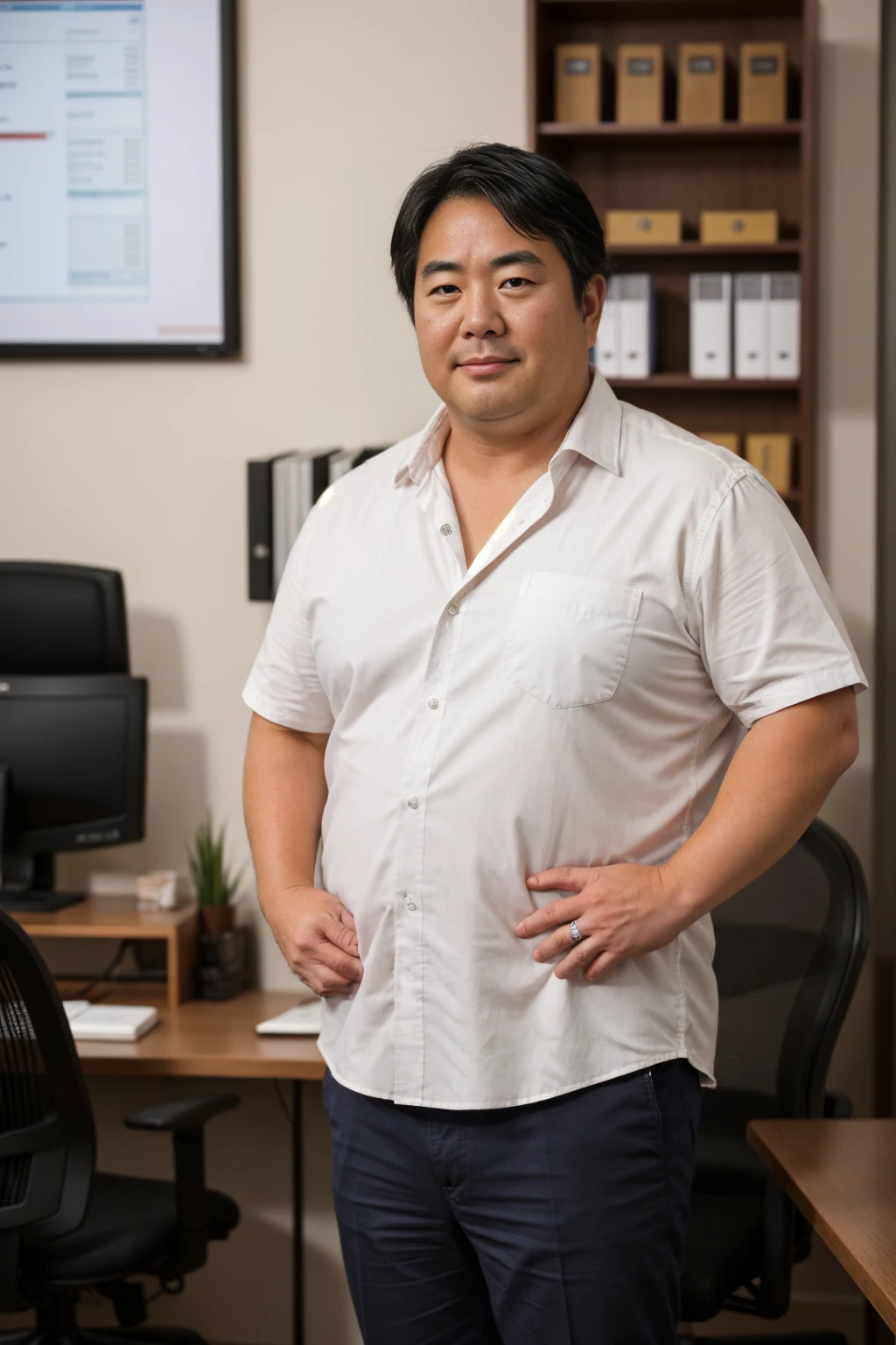 A little chubby Japanese male is 40 years old, A Japanese man in a business white shirt is standing next to another man, medium geeky hair, natural nerdy hair, He is looking at viewer, round face:2, droopy eyes, thick thighs, detailed mouth, In the office at night, a coffee break, Super detail, Anatomically correct, this image was taken with a medium telephoto lens, dark warehouse at night, smirking, a silver ring on his left ring finger, smirking, He opens his mouth a little, orgasm face, erotic humiliation, 