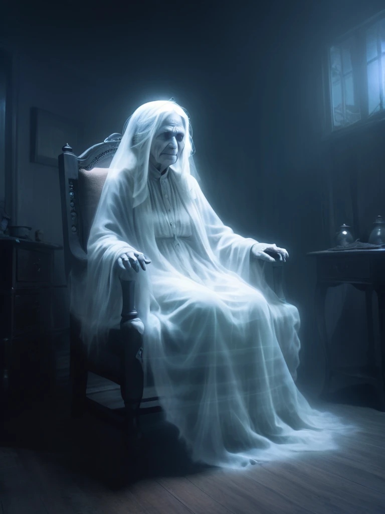 the ghost of an old woman sits in a chair,