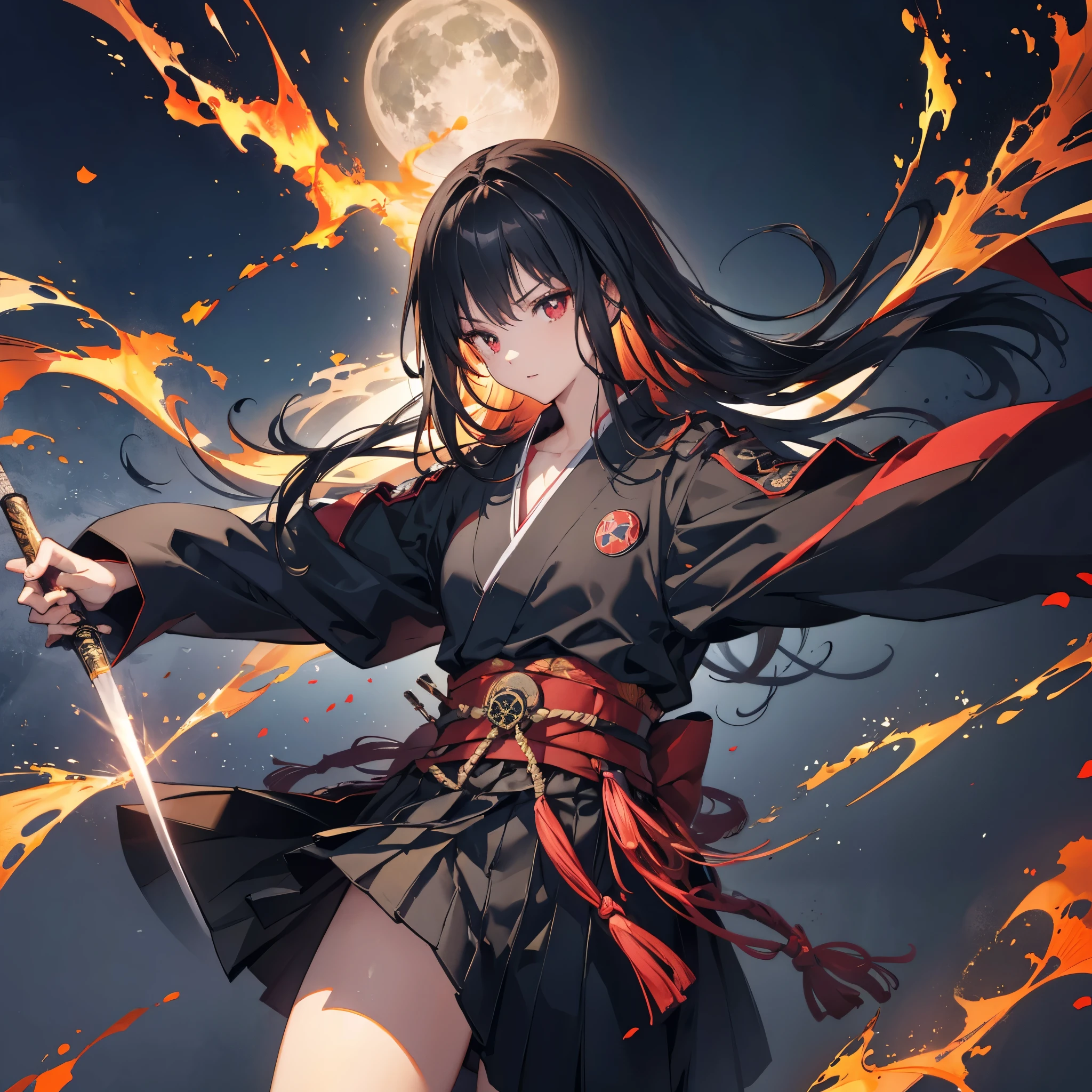 ((blackい髪　Long Hair　black　Military commander　one person　Lonely　Red Flag　Eye patch))　((night　Japanese style　old　Shining Aura))　(Dance　Flame Blade　Shining Japan sword　Draw your sword　Grasp the sword)　moon　star　Draw your sword　Slashing　Catch the wind　print　Tense face　geta　kimono