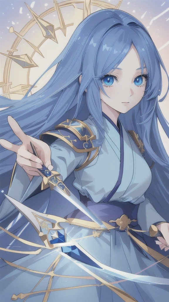 (best quality,4k,highres),detailed and realistic portrait,anime style,beautiful girl with long deep blue hair,gorgeous sapphire eyes,blue hanfu armor,dagger