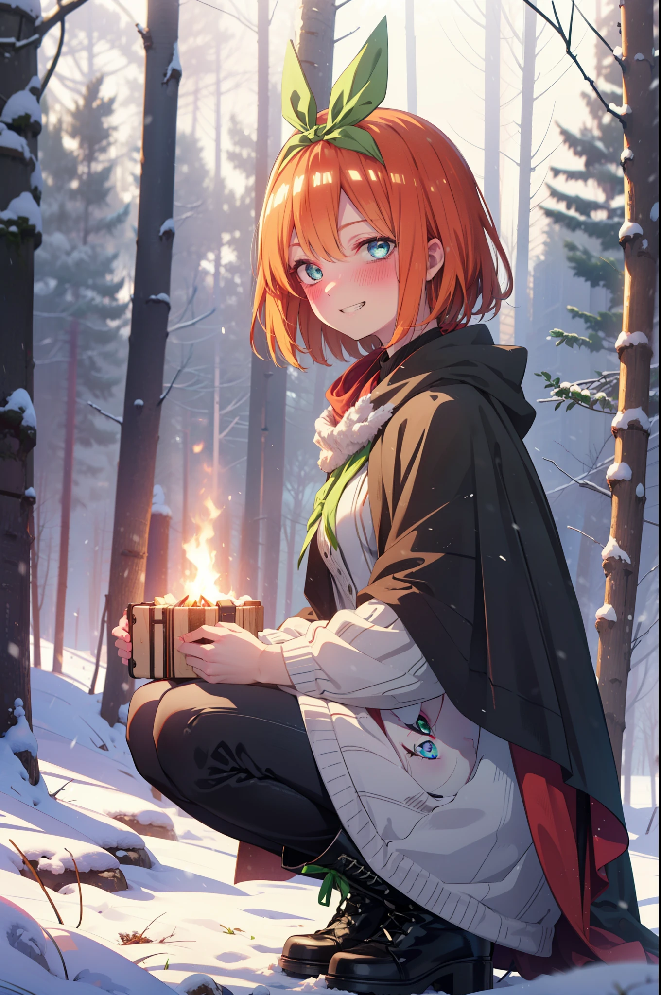 yotsubanakano, yotsuba nakano, bangs, short hair, blue eyes, Hair between the eyes, Hair Ribbon, hair band, Orange Hair, (Green ribbon:1.5), smile, Grin,smile,blush,White Breath,
Open your mouth,snow,Ground bonfire, Outdoor, boots, snowing, From the side, wood, suitcase, Cape, Blurred, Increase your meals, forest, White handbag, nature,  Squat, Mouth closed, フードed Cape, winter, Written boundary depth, Black shoes, red Cape break looking at viewer, Upper Body, whole body, break Outdoor, forest, nature, break (masterpiece:1.2), highest quality, High resolution, unity 8k wallpaper, (shape:0.8), (Beautiful and beautiful eyes:1.6), Highly detailed face, Perfect lighting, Highly detailed CG, (Perfect hands, Perfect Anatomy),