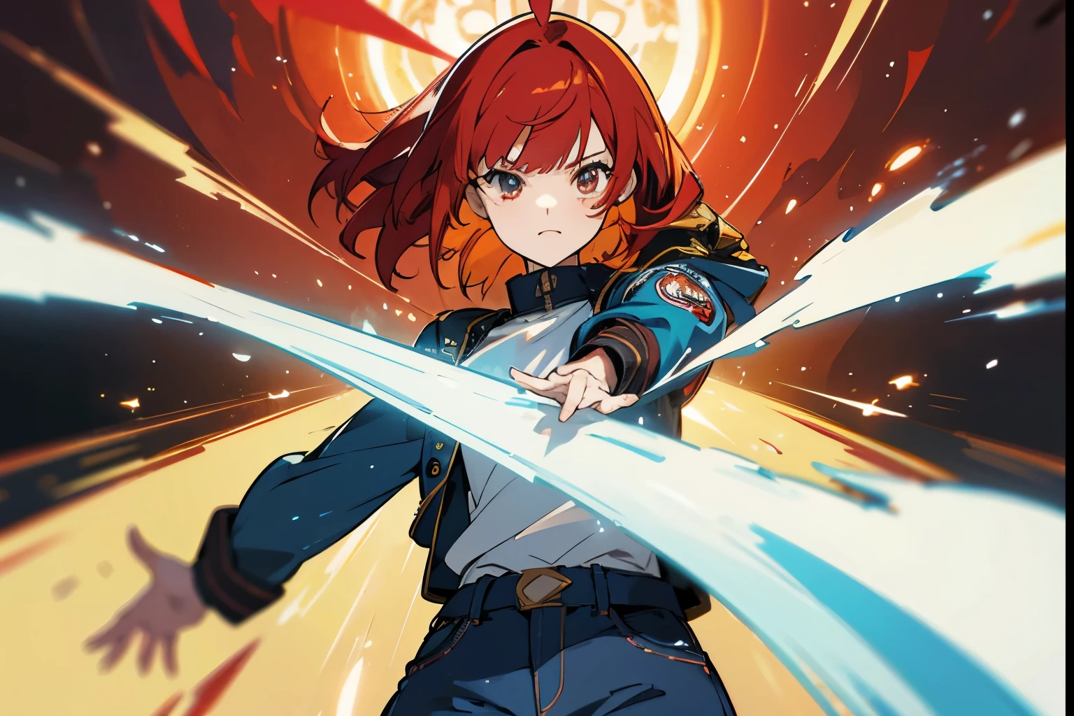 anime girl, 1girl, winking, red hair, bold expression, denim jacket with holes, top, snapping fingers, dynamic, colorful, highly detailed, high quality, 8k, hyperrealistic, masterpiece, vibrant colors, cinematic lighting, dramatic, elegant, graceful, striking pose, digital art, intricate details, volumetric lighting, seamless, photorealistic, sharp focus
