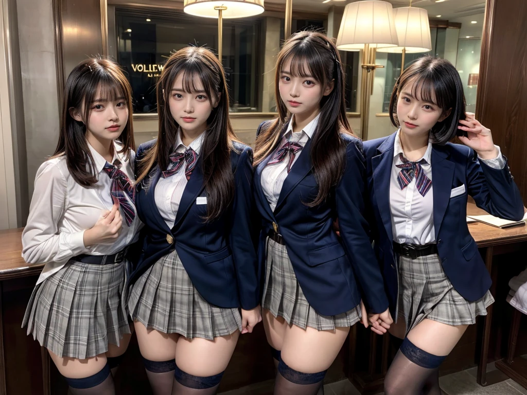 (8K, Raw photography, top-quality, masterpiece:1.2), master piece, best quality, illustration, Super detailed, fine details, High resolution, 8K,wall paper, perfect dynamic composition,(Details High quality, realistic depiction of eyes:1.3), ((2 girls, 2 schoolgirls)), The background is a luxury hotel room、High school girl uniform、blazer 、Super Short Check Uniform Skirt、Navy blue high socks、garterbelts、Colossal tits、Disturbed uniform, Play with each other,Touching each other's bodies,Touching the body of the girl next door, short bob hair, black hair color, huge breasts, Big Natural Color Lip, bold sexy pose, (perfect body shape), crying a little、cold gaze, Beautiful makeup,glitter makeup,Cutest 18 years old, beautiful legs, hposing Gravure Idol, Voluptuous thighs