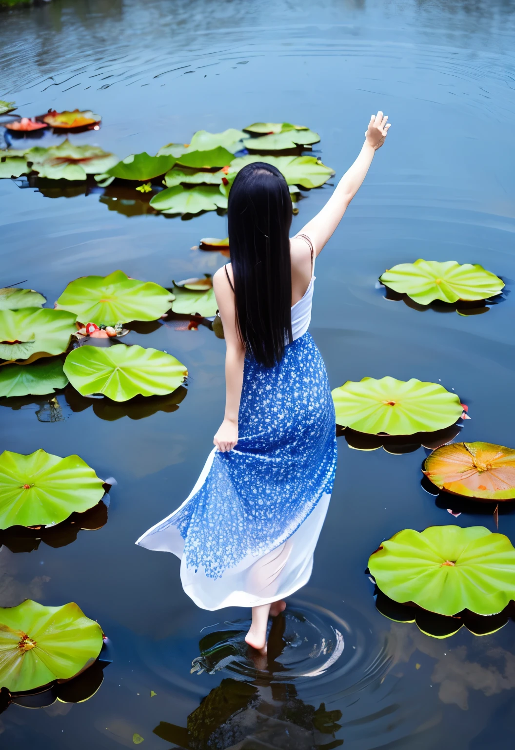 ((4K,masterpiece,highest quality)), Shui Movissim, Traditional Chinese Ink Painting, Lotus,  Hanfu, Maxi Kit, A girl dressed modestly, alone, Long Blue Hair, smile, Are standing, Soak your feet in water, barefoot,
 