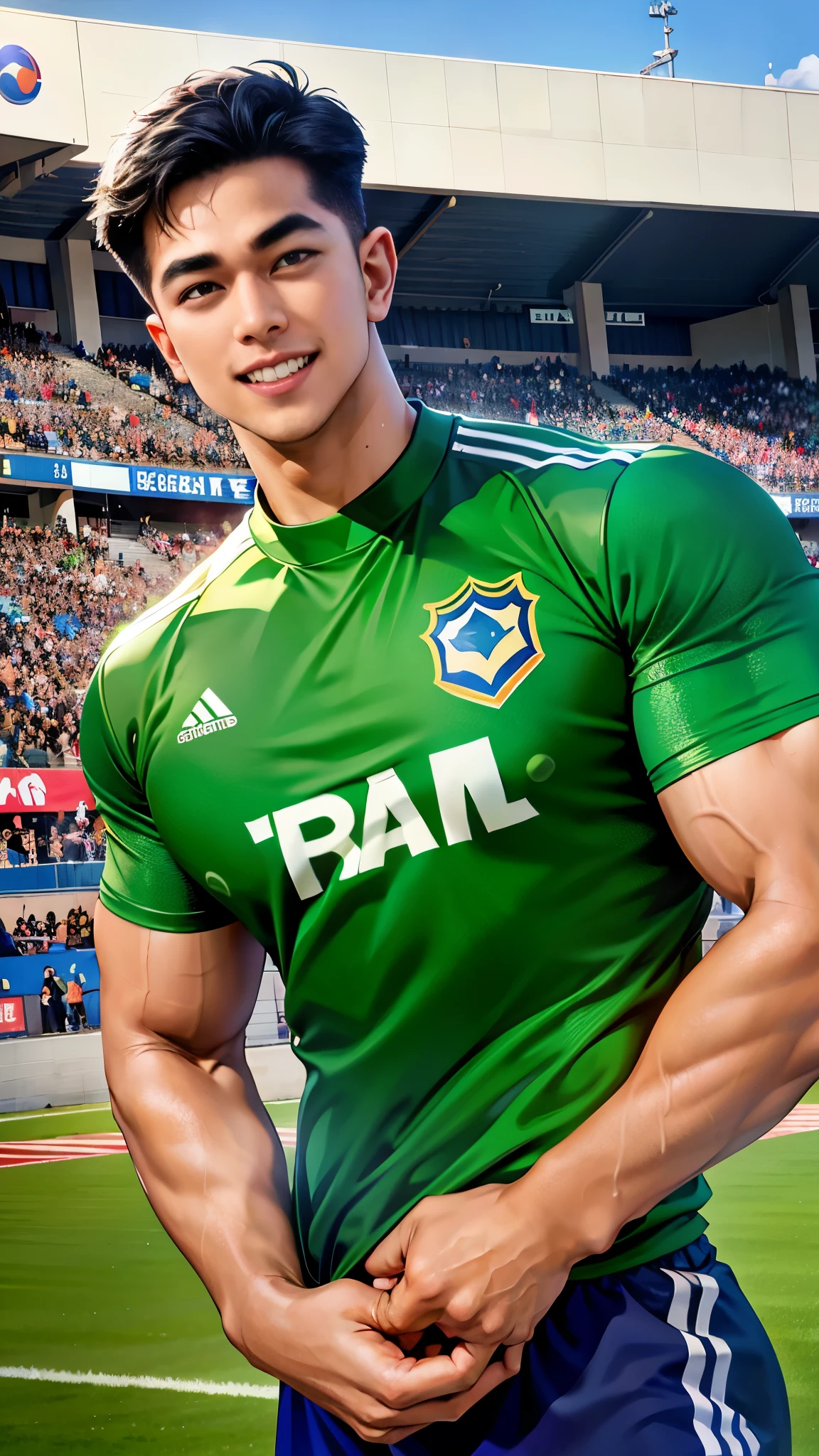 1 man, smile, (Put on green., round neck, short sleeve football shirt.), Navy cargo pants, Korean people , korean men, (high gloss details), chest muscles, Big arm muscles, blood vessel, big muscles, Broad shoulders, looking at the audience, Balancing the eyes, (Make eye contact), sports stadium, football