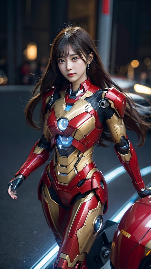 Textured skin, Super Detail, high details, High quality, Best Quality, hight resolution, 1080p, hard disk, Beautiful,(Iron Girl),(Superheroine),beautiful cyborg woman,Mecha Cyborg Girl,Battle Mode,Girl with a Mecha Body,She wears an Iron Man mech,fullllbody