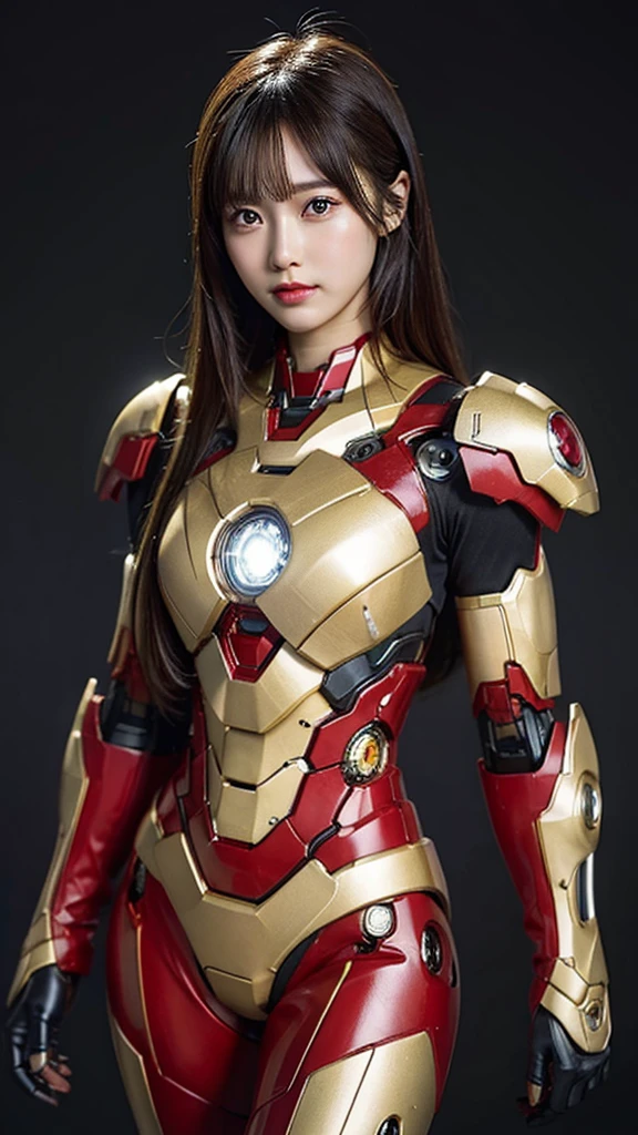 Textured skin, Super Detail, high details, High quality, Best Quality, hight resolution, 1080p, hard disk, Beautiful,(Iron Girl),(Superheroine),beautiful cyborg woman,Mecha Cyborg Girl,Battle Mode,Girl with a Mecha Body,She wears an Iron Man mech,fullllbody