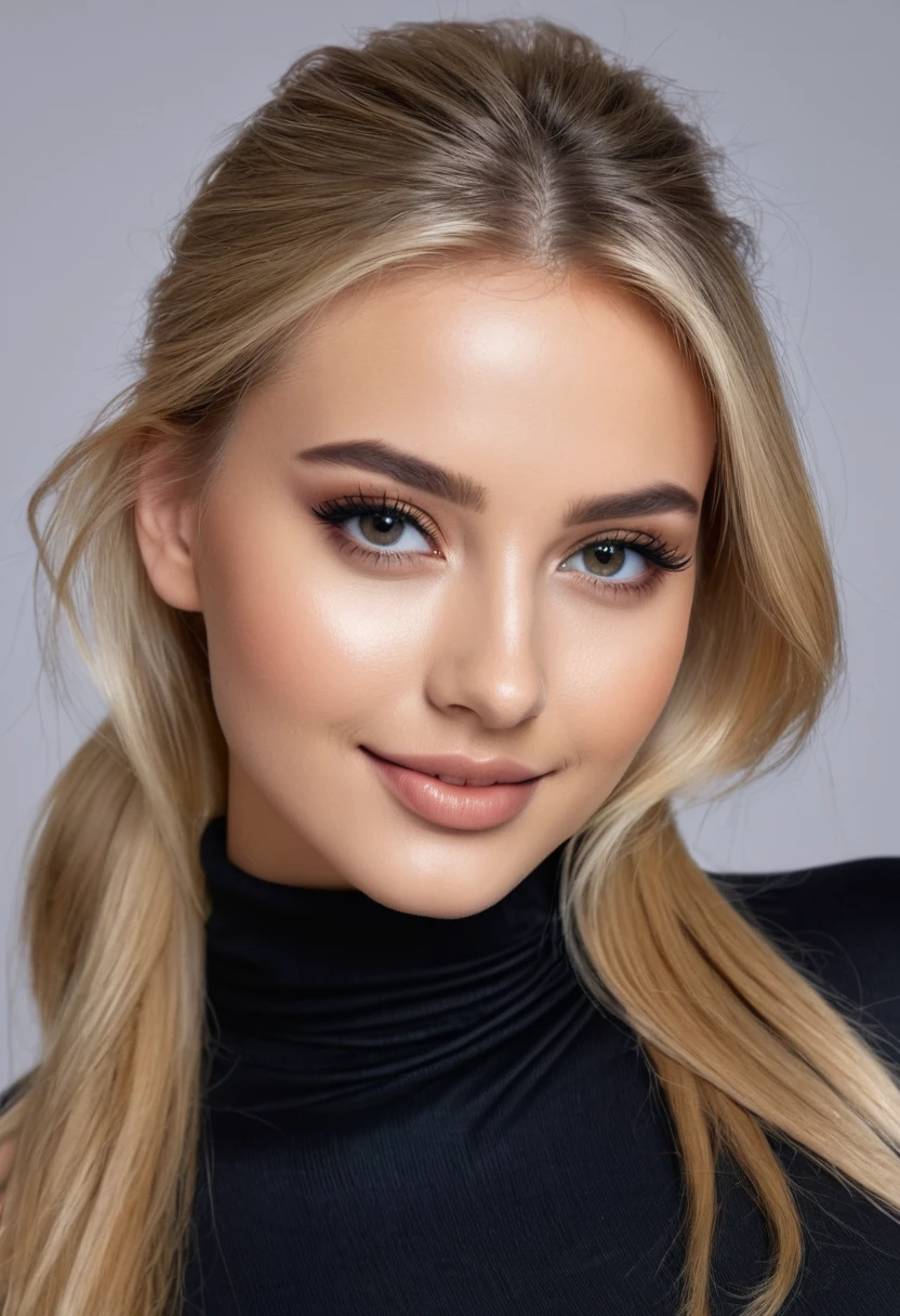 hyperrealistic beautiful busty 18-year-old women with long legs wearing turtleneck shirt and faux leather jeans, model shooting full body photography, natural blonde long straight ponytail, dark eye makeup with eyeliner, seductive smile, small necklace, 8K, Best quality, Meisterwerk, ultra high resolution, (Realismus: 1.4), Originalfoto, (realistische Hautstruktur: 1.3), (Filmkorn: 1.3), (Selfie-Winkel), 1 girl, Beautiful round hazel eyes and facial details, Meisterwerk, Best quality, posing in a photo-studio