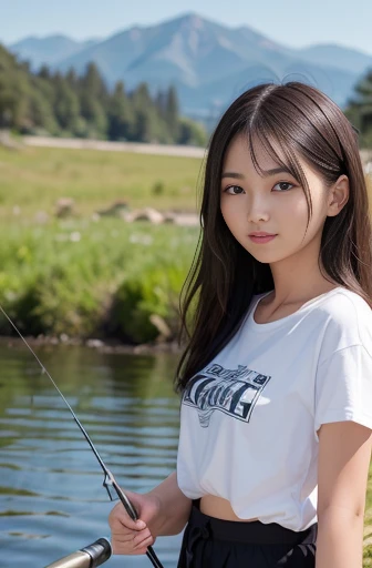 a lot of details, (slender waist), 30 years old, detailed black hair, beautiful detailed hair, super fucking beautiful, complex details beautiful and delicate eyes, perfect hands, (small breasts best quality), perfect and delicate limbs, detailed skin, best quality, ultra-detailed,
river, mountain, delightful, laughing, standing, wavy hair, (white t-shirt:1.1), (camouflage cargo pants:1.1), (holding fishing rod), (ishing scene:1.3),japanese, on the mountain, with a river, with a mountain, long shot, from side, ground-level shot