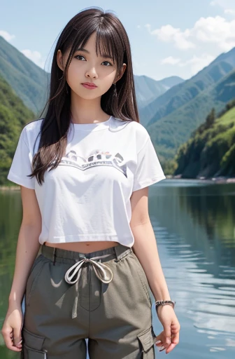 a lot of details, (slender waist), 30 years old, detailed black hair, beautiful detailed hair, super fucking beautiful, complex details beautiful and delicate eyes, perfect hands, (small breasts best quality), perfect and delicate limbs, detailed skin, best quality, ultra-detailed,
river, mountain, delightful, laughing, standing, wavy hair, (white t-shirt:1.1), (camouflage cargo pants:1.1), (holding fishing rod), (ishing scene:1.3),japanese, on the mountain, with a river, with a mountain, long shot, from side, ground-level shot