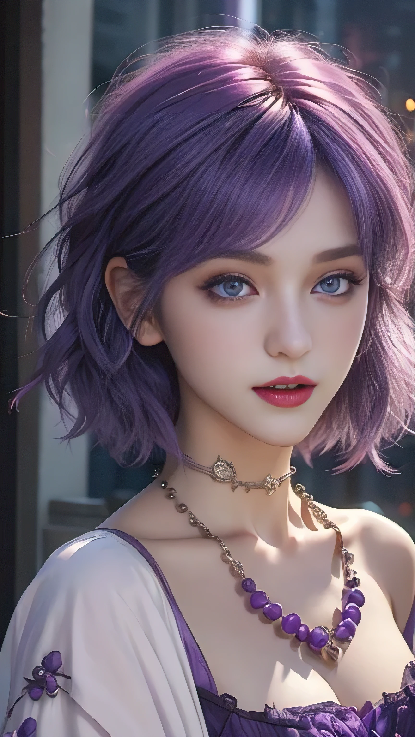 masterpiece, Top quality, ((1 Woman)), Different purple, Exquisite eyes and detailed face, Intricate details, black and purple casual wear, window, a smile, happiness, tenderness, High level of image quality、Selfie, beautiful woman、High、a small face, D cup, Upper part of the body、dusk, Night view、art itself、Korean, Idol photos, Model Photos, Korean Pop, Professional photos, vampire, Korean fashion black purple, Fedorman and necklace, Inspired by meditation, androgynous vampire, :9 detailed faces: 8, The face is rich in detail, Fine punk hair, ((The eyes are polluted)) Eye bags, Tempting. Very detailed, Semi-realistic animation, vampire, surreal teen, Exquisite androgynous princess, A sheep, ((Short hair woman)), purple hair woman,Wild eyes, ((woman with purple short hair)), ((1 person)), sit,