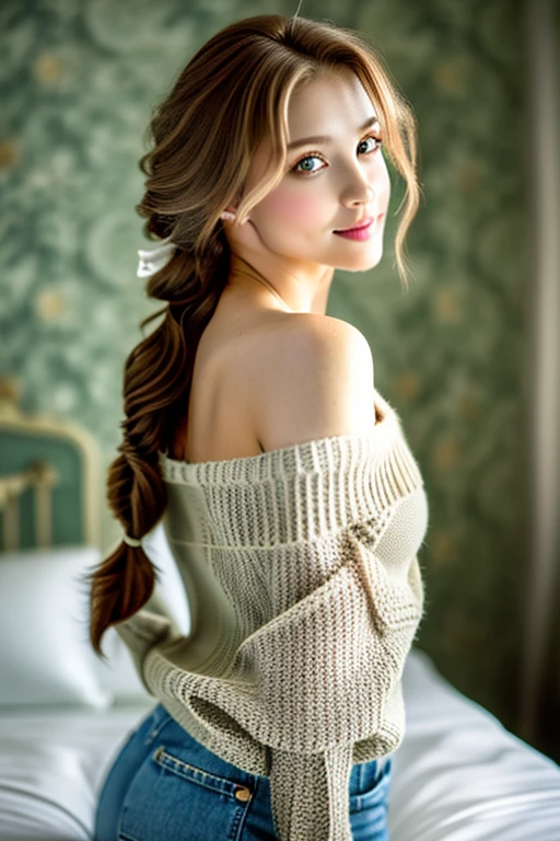 ((masterpiece: 1.4, highest quality))+,((highest quality)), ((masterpiece)), (detailed), whole body、wallpaper、Attention to detail、Perfect balance、Tight waist、Light brown hair、beautiful, Beautiful Skin、Russian Beauty、(masterpiece:1.3), SLR photography、Best image quality: 1.4, (Rough hairstyles:1.2)、Cleavage:1.4、Loose, lightweight knitwear