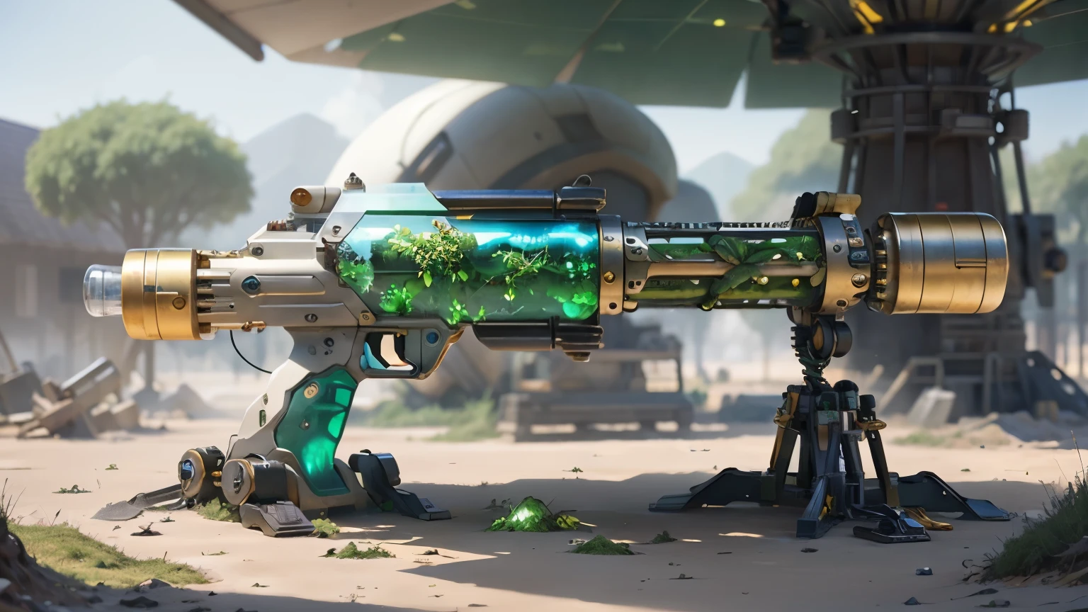 Science Fiction，unmanned，The gun has crystal，Gold gun，plasma，Plant and machine combination，moss，The vine plant attached to the gun，cgi，Realism，Light and Shadow，HD，Extreme details，high resolution，Outdoor scene on the ground，There are colorful particles floating around